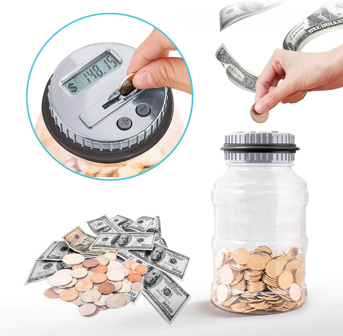 Large Piggy Bank for Boys Adults, Vcertcpl Digital Coin Counting Bank with LCD Counter, 1.8L Capacity Coin Bank Money Jar for Adults, Designed for All US Coins (Gray)