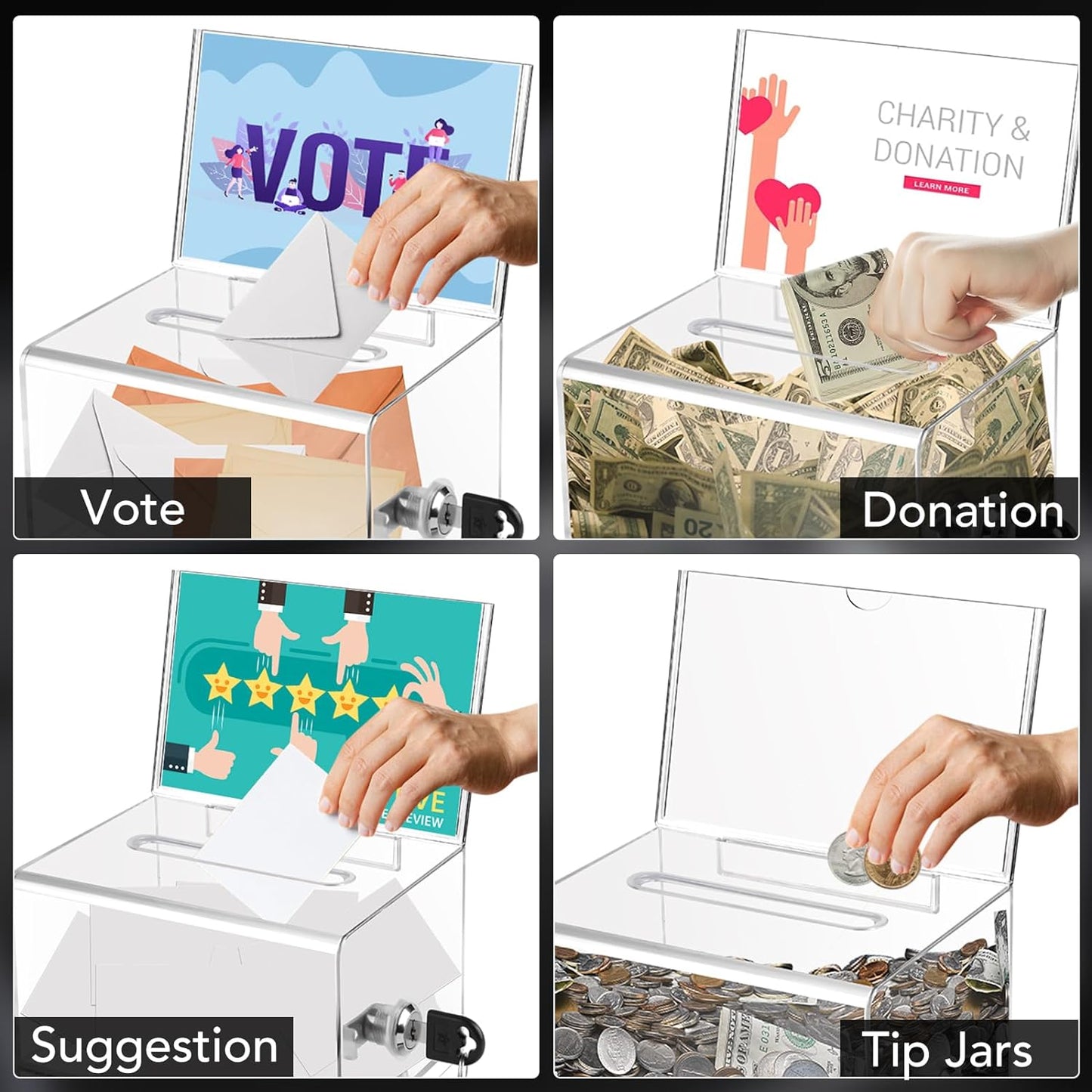 VOISEN Clear Donation Box with Lock,3 Pack Ballot Box with Sign Holder,Tip Jar for Fundraising, Voting Boxes with Slot for School,Conference 6.2x4.6x3.9 Inch
