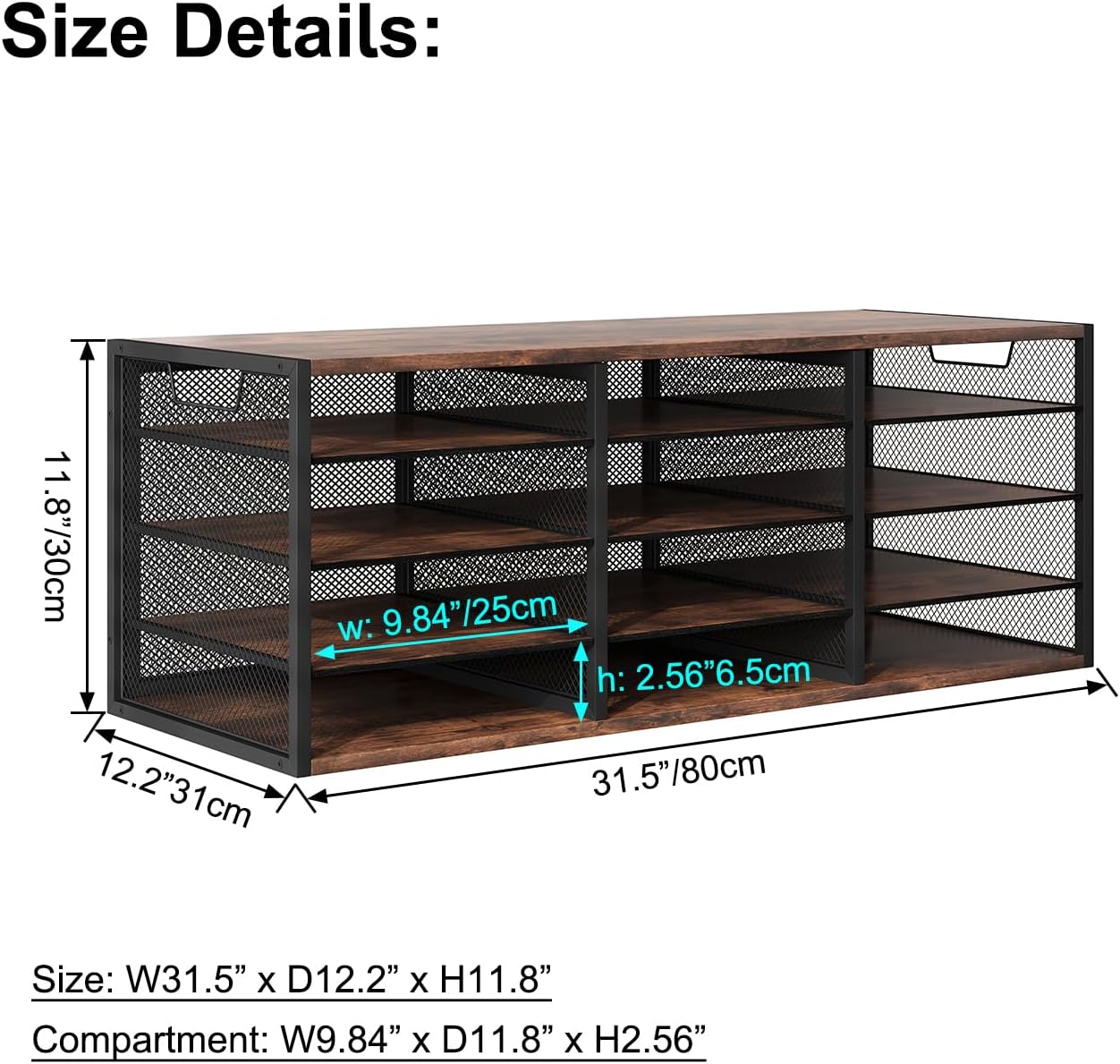 Mail Sorter Adjustable Holder, Countertop Literature Organizer, Student Mailbox for Classroom, Desktop Bill Paper Organizer for Office Home School, 12 Compartments, Brown