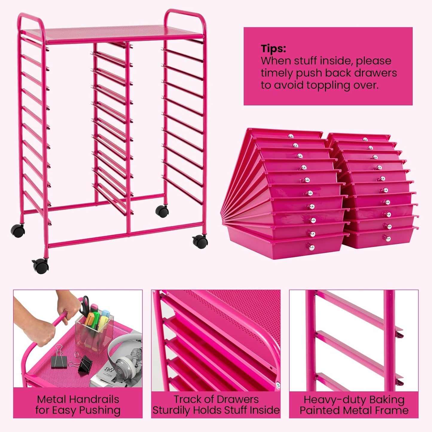 Giantex 20 Drawers Rolling Cart, Mobile Storage Drawer Cart, Classroom Organizer for Office School Supplies Teacher Tools Scrapbook Paper Craft Small Printer, Utility Stand on Wheels, Hot Pink