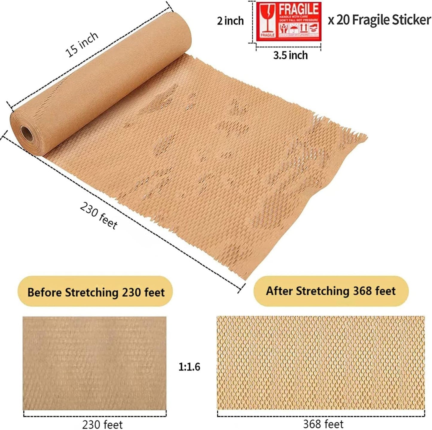 Honeycomb Packing Paper, 15"x230' Honeycomb Cushioning Bubble Wrap Paper Roll for Moving Shipping Breakables Packaging Gifts with 20 Fragile Sticker Biodegradable & Fully Recyclable Brown Kraft