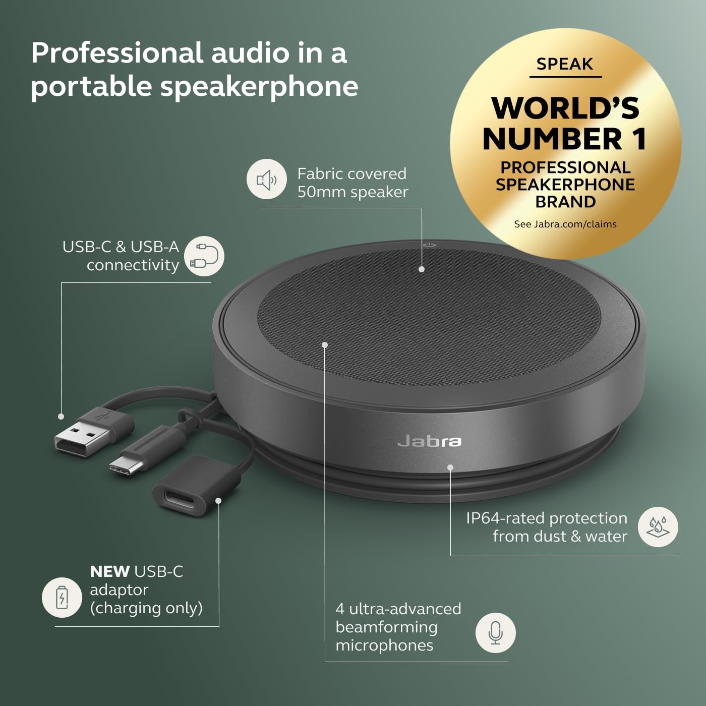 Jabra Speak2 75 (2025 Edition) Wireless Bluetooth Speakerphone - 4 Noise-Cancelling Mics, 65mm Speakers - New Linking Feature - USB-C Dongle - Certified for Microsoft Teams - Dark Grey