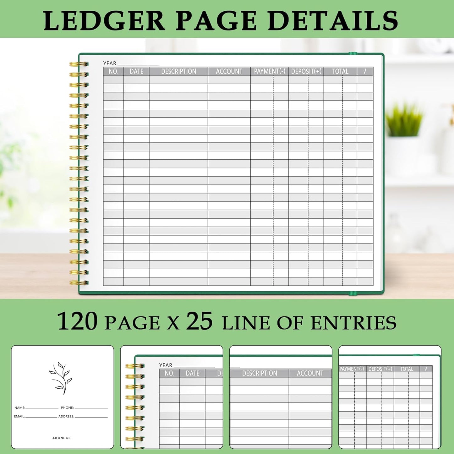 Accounting Ledger Book for Small Business & Personal Use, Horizontal Expense Tracker Notebook Ledger Book for Bookkeeping, Financial Income and Expense Log Book 10.2" x 8", Dark Green