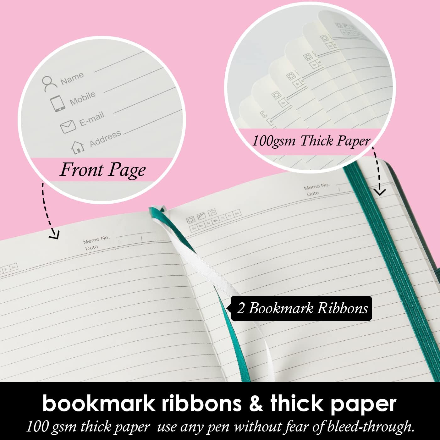 3 Pack Pocket Notebook Journals, Mini Small Leather Lined Journal Notebooks for Note Taking, Small Notepad with Pen Holder, Dark Green