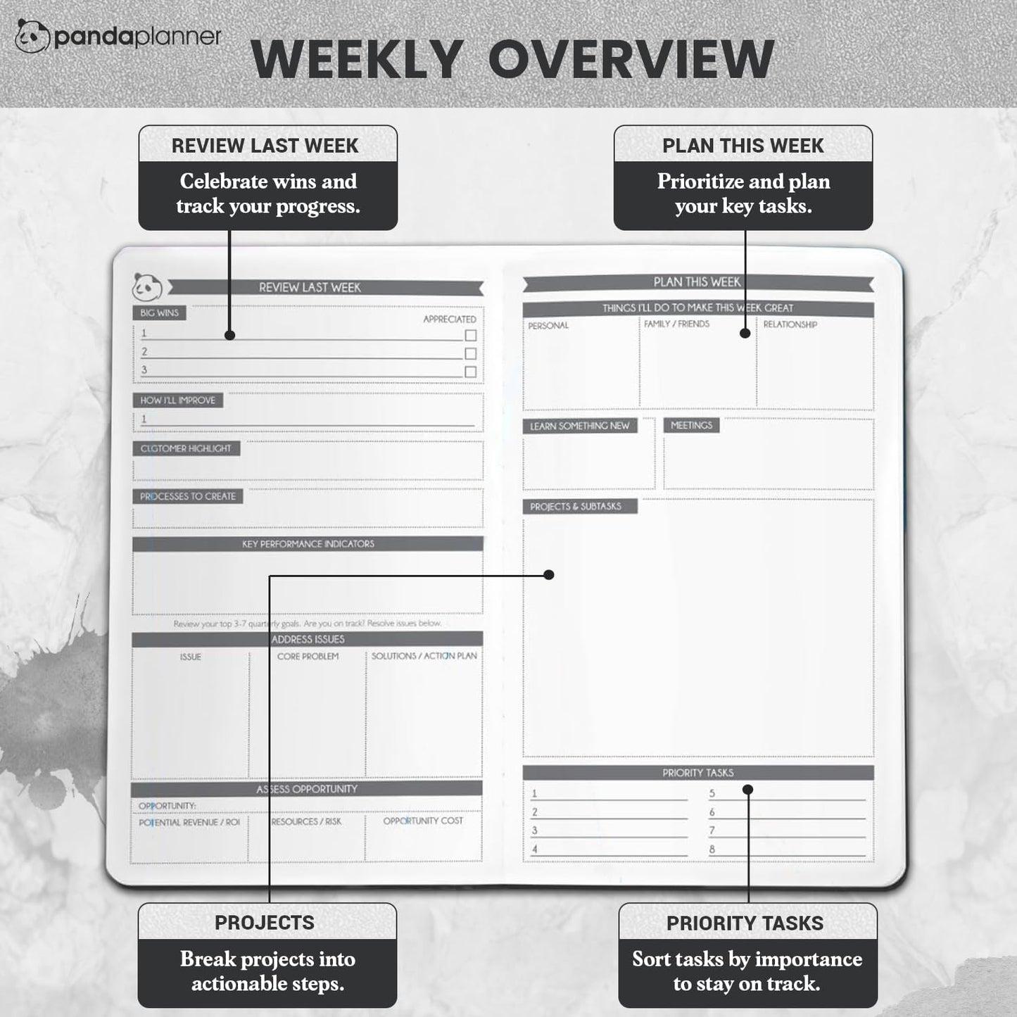 Panda Planner Undated Daily Planner - 90 Day Organization - Productivity For Entrepenuers - Set Goals - Bonus Weekly & Monthly Agenda - Grey - Hardcover