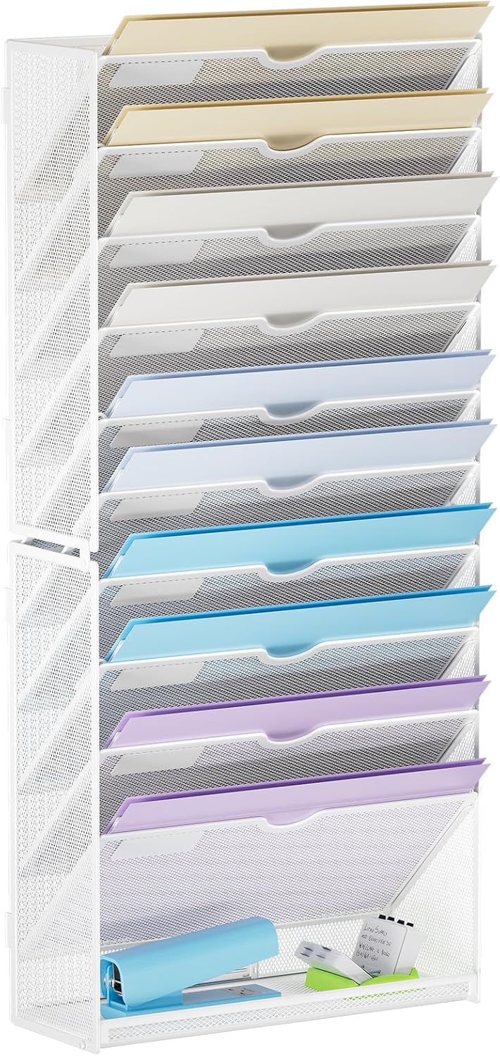Marbrasse Wall File Holder 11-Tier Hanging Wall File Organizer, for Papers, Files Clipboard & Magazine Organizer, Wall Mount File Holder Great for Office Home (White)