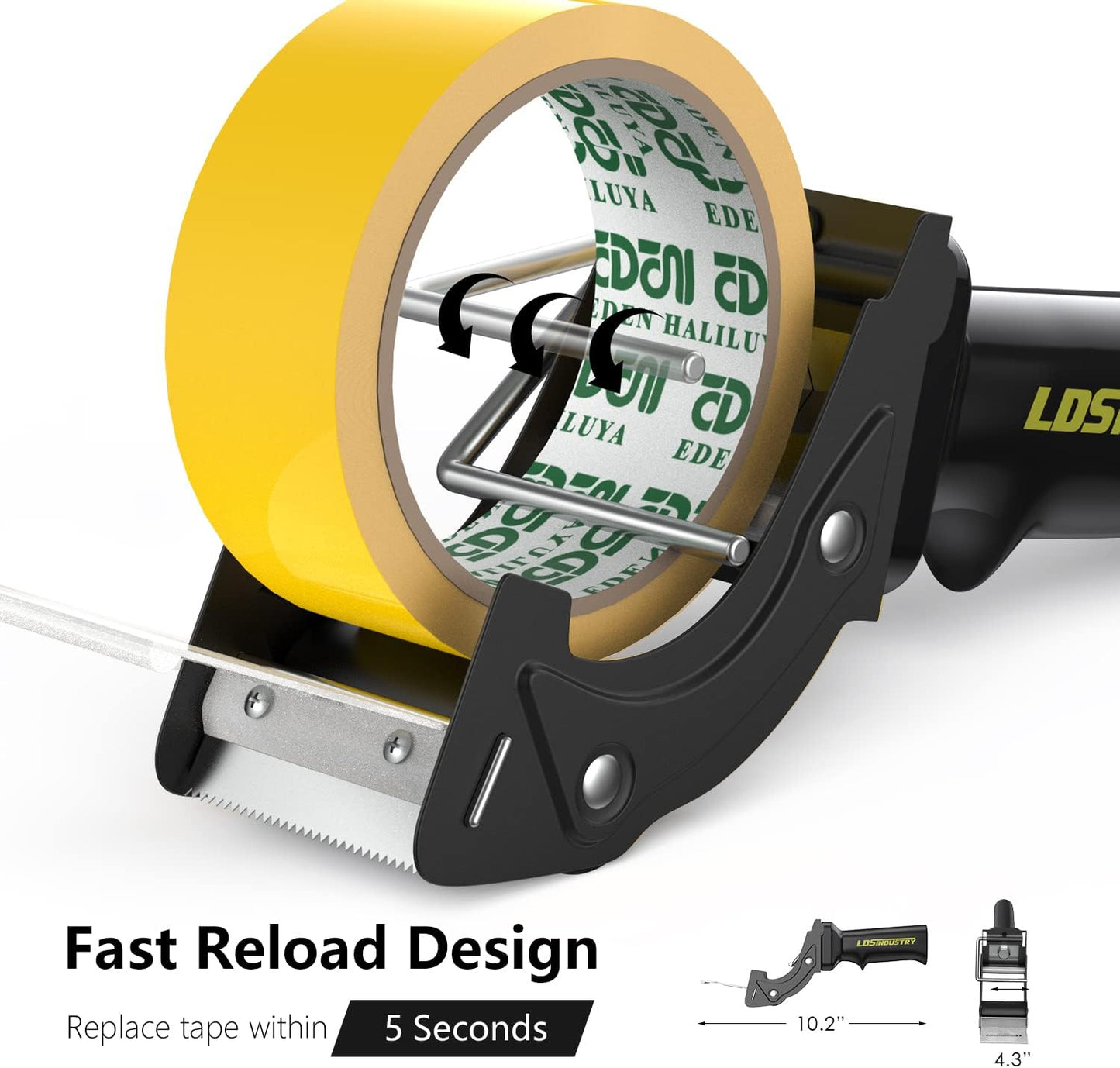 Rapid-Replace Tape Dispenser Gun with 2 Inch X 60 Yard Tape Roll (Transparent) and Extra Blade, Lightweight Ergonomic Heavy Handheld Duty Tape Cutter for Packaging and Box Sealing Black