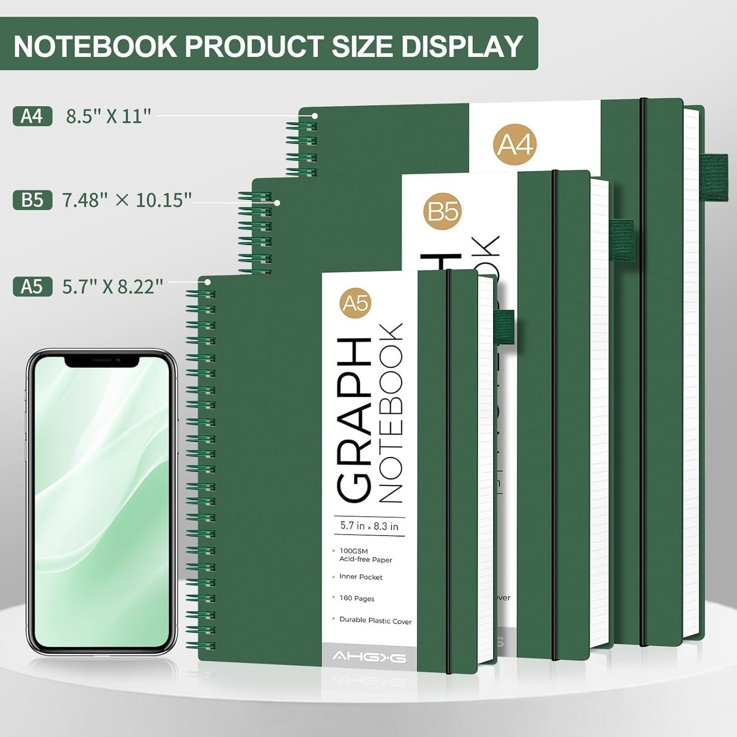 AHGXG Graph Paper Notebook - Spiral Notebook Journal 7.6" x 10", B5 Large Graph Notebook, 140 Pages, 100 gsm Thick Grid Paper, Waterproof Plastic Cover, for School Writing Engineering, Green