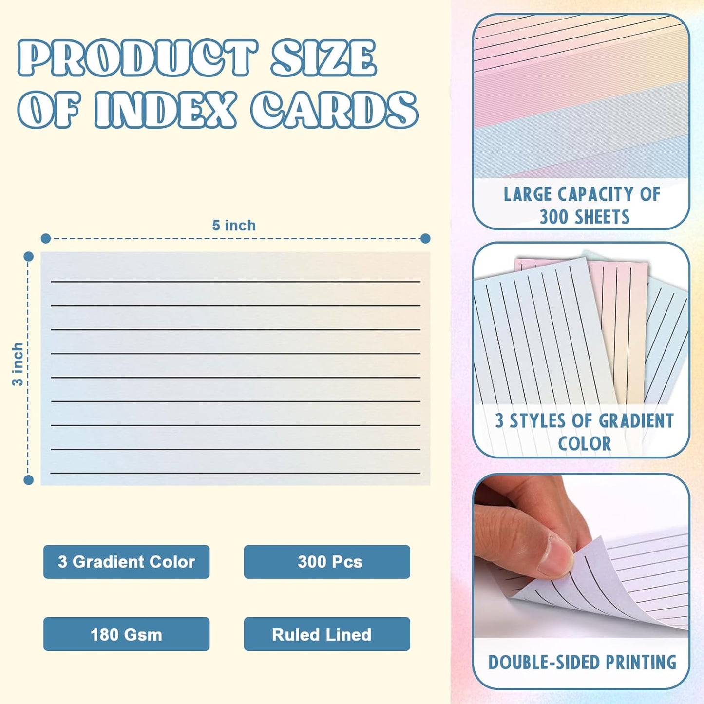 300 Pack Ruled Index Cards 3x5 Gradient Colored Index Cards Heavy Weight Note Cards 180gsm Flashcards Double Sided Notecards Lined Recipe Cards for Studying Drawing