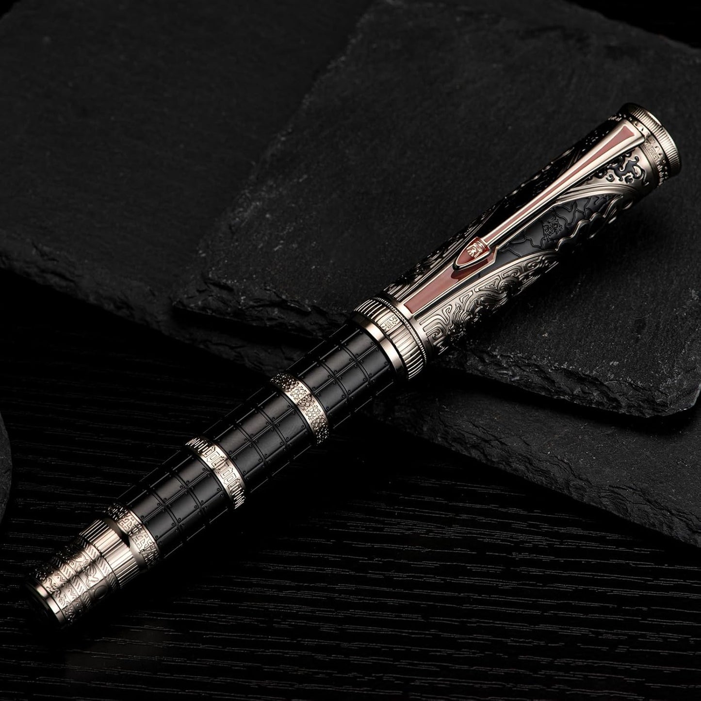 Hongdian D5X Fountain Pen Extra Fine Nib Black Color, Qin Dynasty Retro Chinese Totem Engraving Smooth Writing Pen with Converter and Pen Box Set