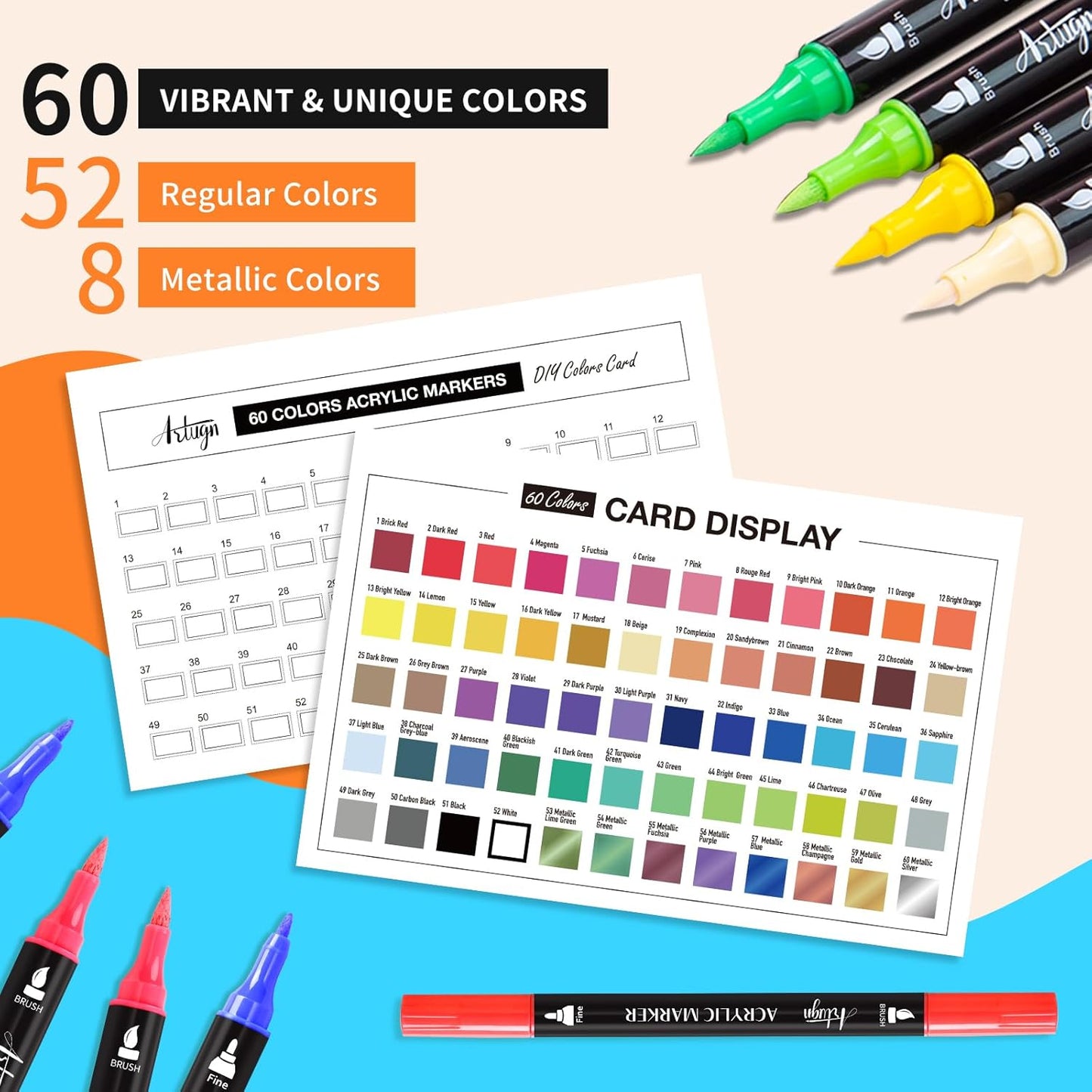 60 Colors Acrylic Paint Pens, Dual Tip Pens With Fine Tip and Brush Tip for Rock Painting, Ceramic, Wood, Plastic, Calligraphy, Scrapbooking, Brush Lettering, Card Making, DIY Crafts