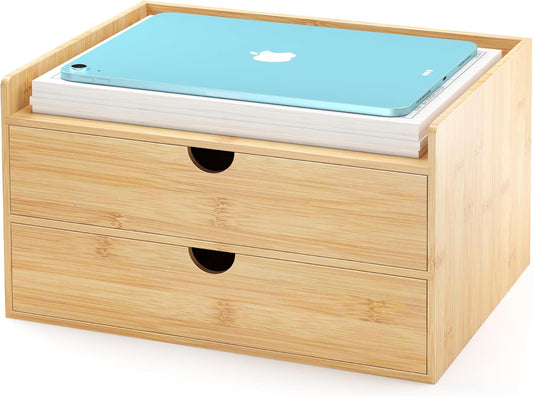 Wisuce Bamboo Desk Drawer Organizer, Large Desktop Organizer with Drawers Tabletop Storage Organization Box for Office Home Toiletries Supplies Vanity, No Assembly Required (2 Drawer with Shelf)