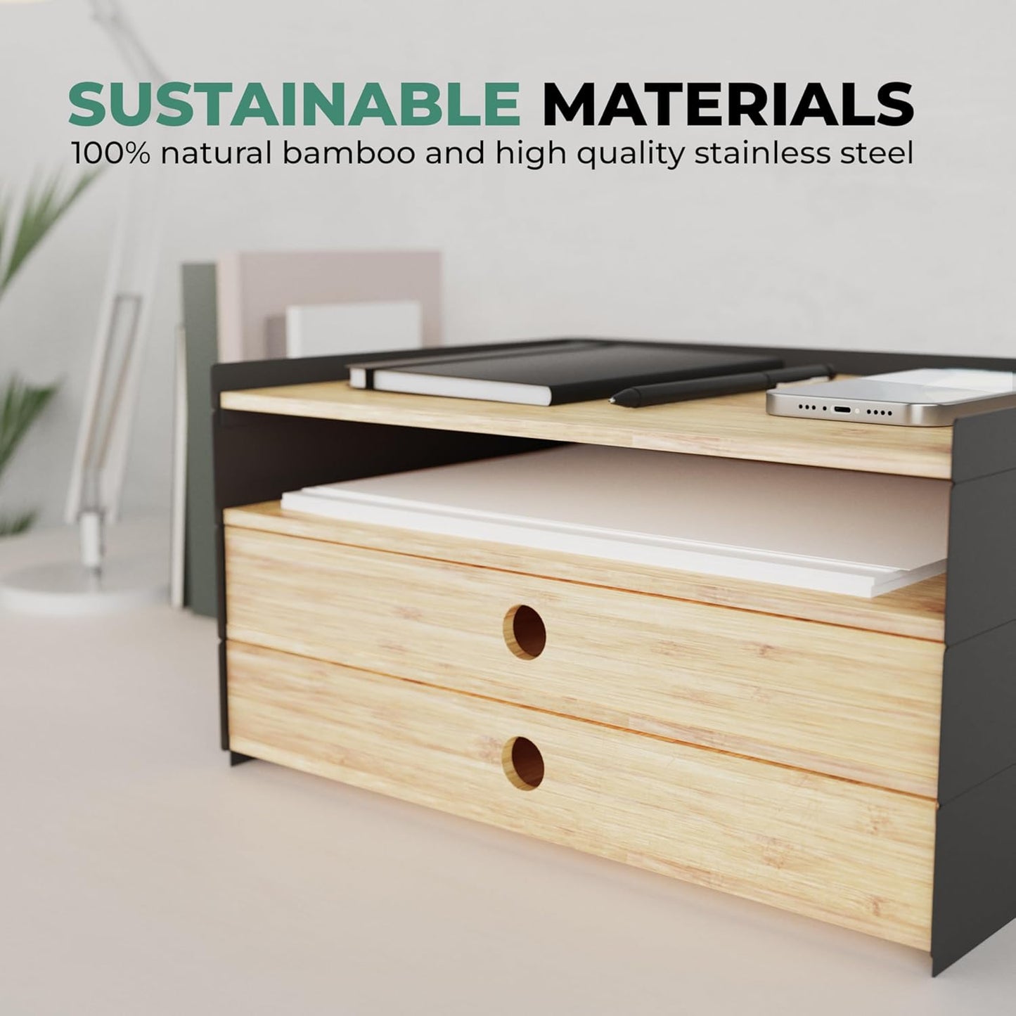 Prosumer's Choice 3-Tier Bamboo Desk Organizer with 2 Drawers - Wood Paper Tray for Clean Desktop Setup - Compact Office Storage Solution - Stylish Desktop Organizer, 12.5" L x 8.8" W x 1.6" H