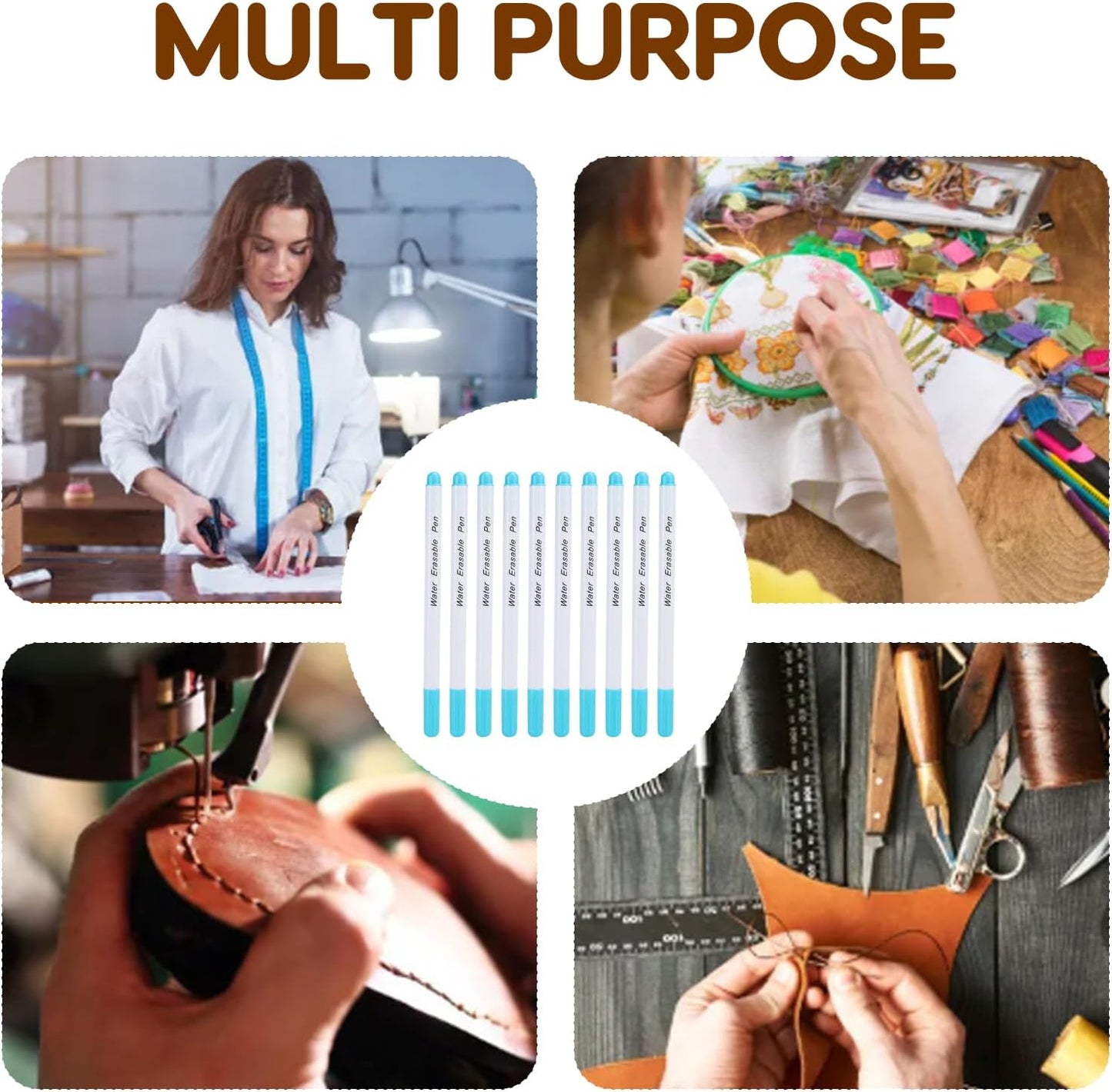 Water Erasable Fabric Marking Pens for Sewing, Blue Single Head, DIY Tailoring Tool, 10 Pack