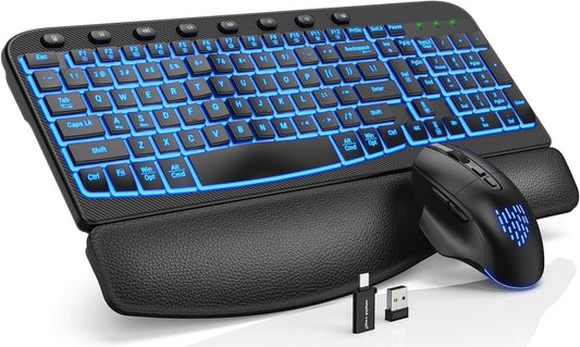 SABLUTE Ergonomic Wireless Keyboard and Mouse Combo - Wave Keyboard with Soft Leather Wrist Rest, Resistant Keys, RGB Backlit Rechargeable Set for PC/Mac/Chromebook (Black)