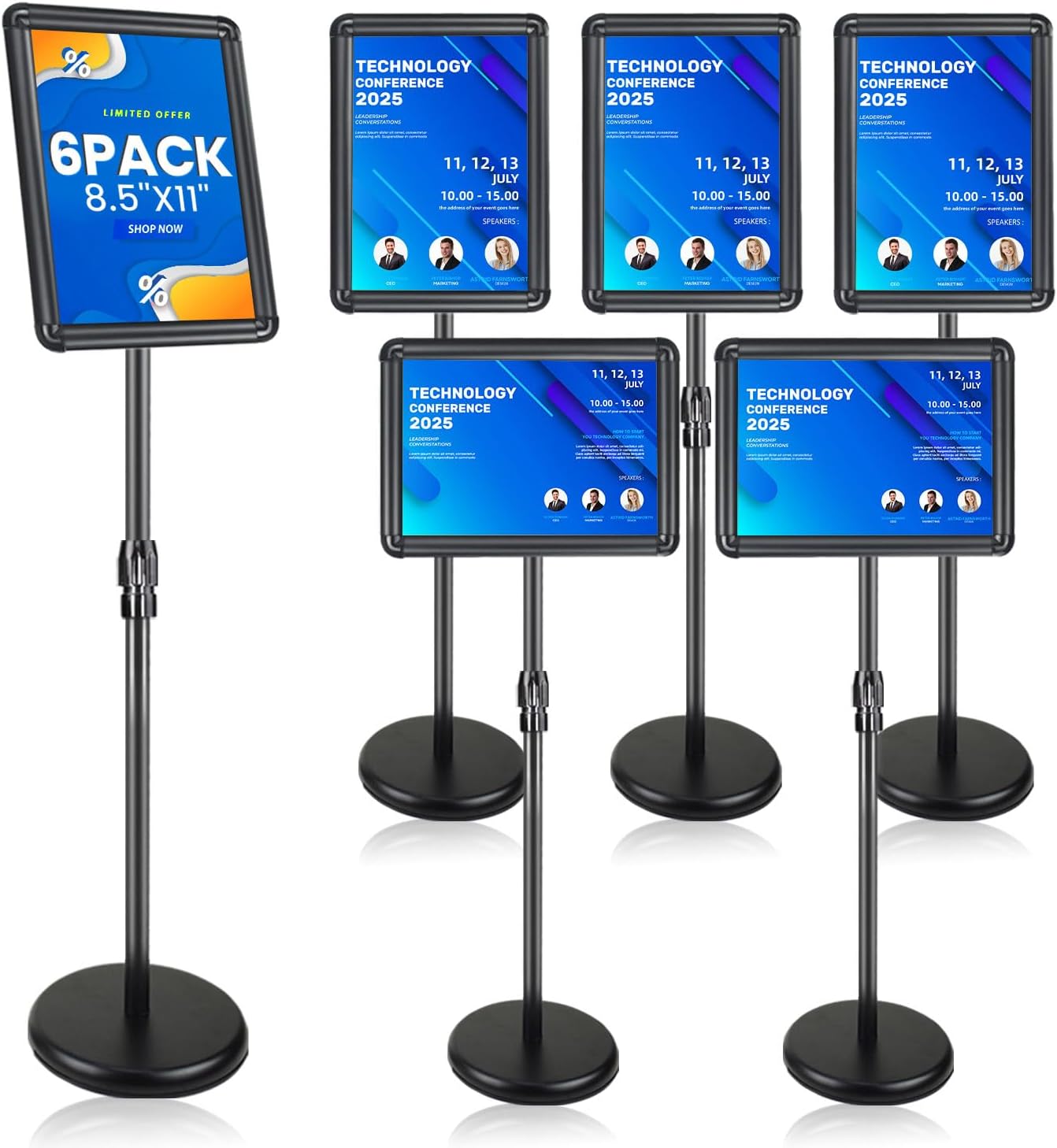 Sign Holder - 6 Packs Adjustable Standing Sign Stand Holder, Pedestal Floor Poster Stand 8.5x11 inch, Snap Frame for Vertical and Horizontal View, Sign Display Stand for Business Mall, Black