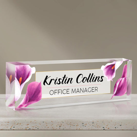 Custom Name Plate for Desk, Acrylic Office Decor For Women Men, Personalized Office Desk Accessories, Teacher Employee Appreciation Gifts For Social Worker Boss Coworkers (Purple Flower-2)