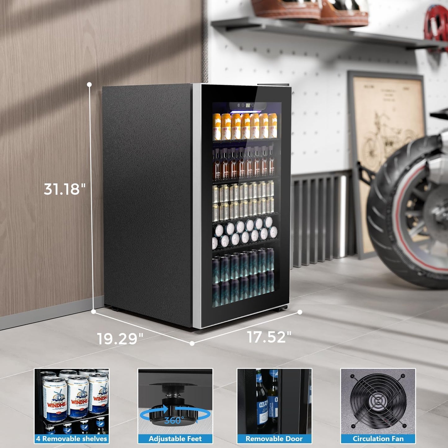 COWSAR Mini Fridge Cooler, 130 Can Beverage Refrigerator with Glass Door, ETL Approved Wine Fridge with Digital Temperature Control, LED Light, Reversible Door for Home, Office, Bar - 3.2 Cu.Ft