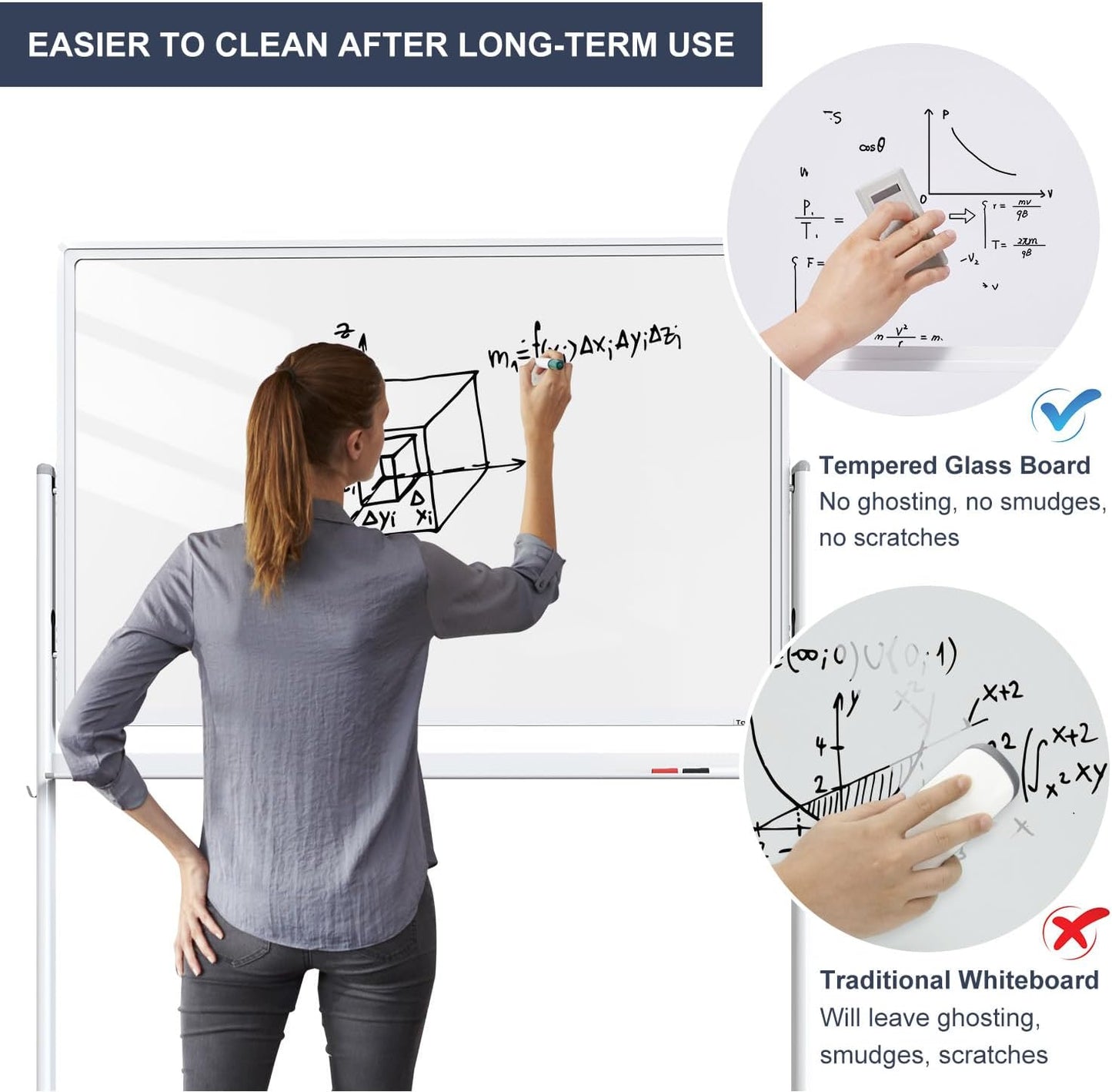 Mobile Clear Glass Whiteboard, 48 x 32 Inches Standing White Board on Wheels, Large Rolling Dry Erase Board with Stand, Transparent Tempered Glass Board for Office Home School, with Chart Paper