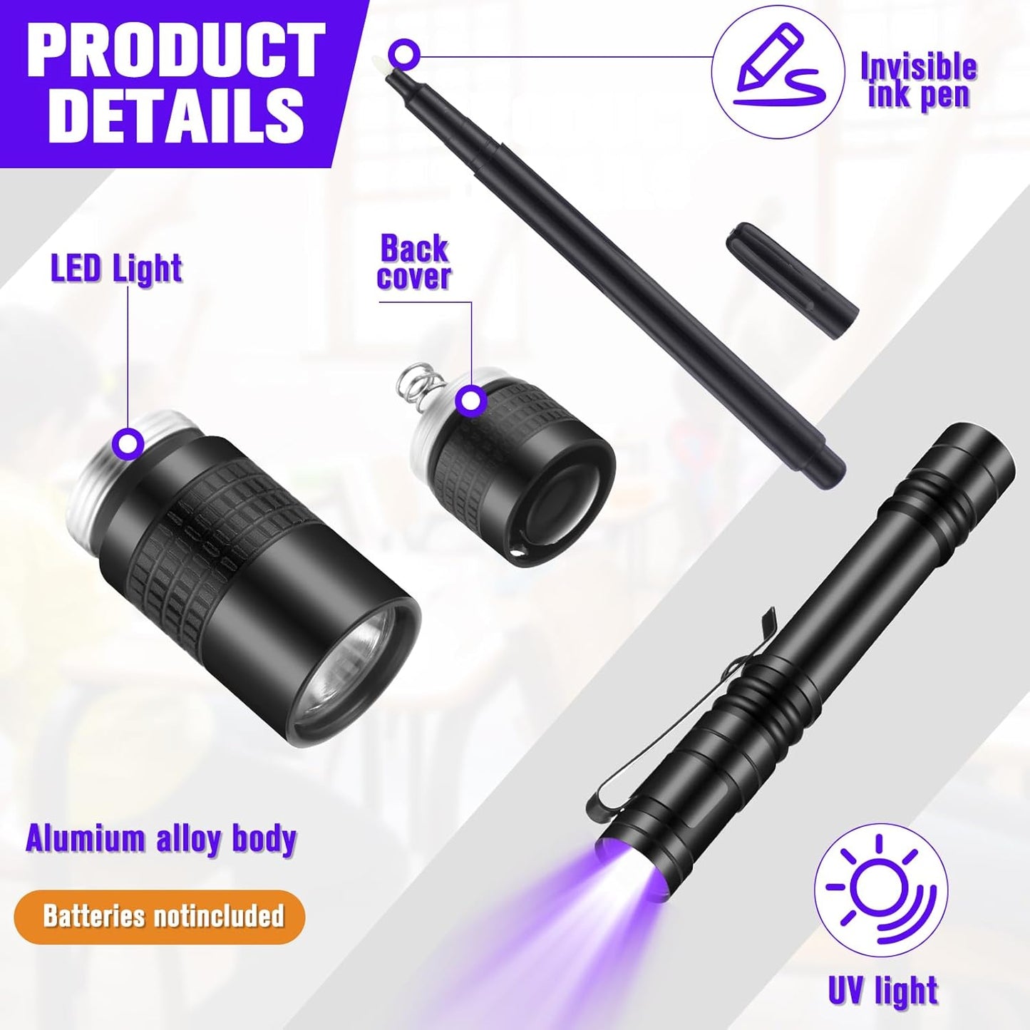 Tegeme 8 Pcs Black Light Markers Set 4 Invisible Ink Pen 4 Mini UV Flashlights Invisible Ink Marker Disappearing Pen for Class Prizes Spy Gift Party Favors (Black)