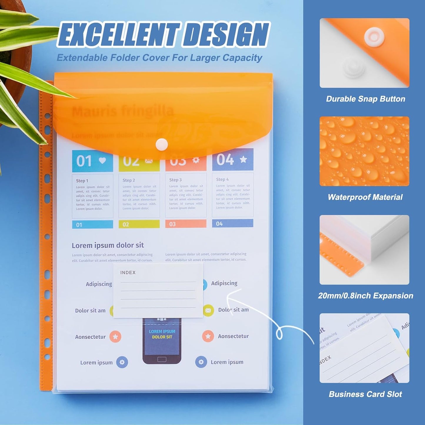 Binder Pocket Organizer Folders, 12 Pack Expandable Files Bag Plastic Envelopes Binder Folders with 11 Holes for 2/3/4 Ring Binder, Document Pouch with Snap Button and Label for School Office Home