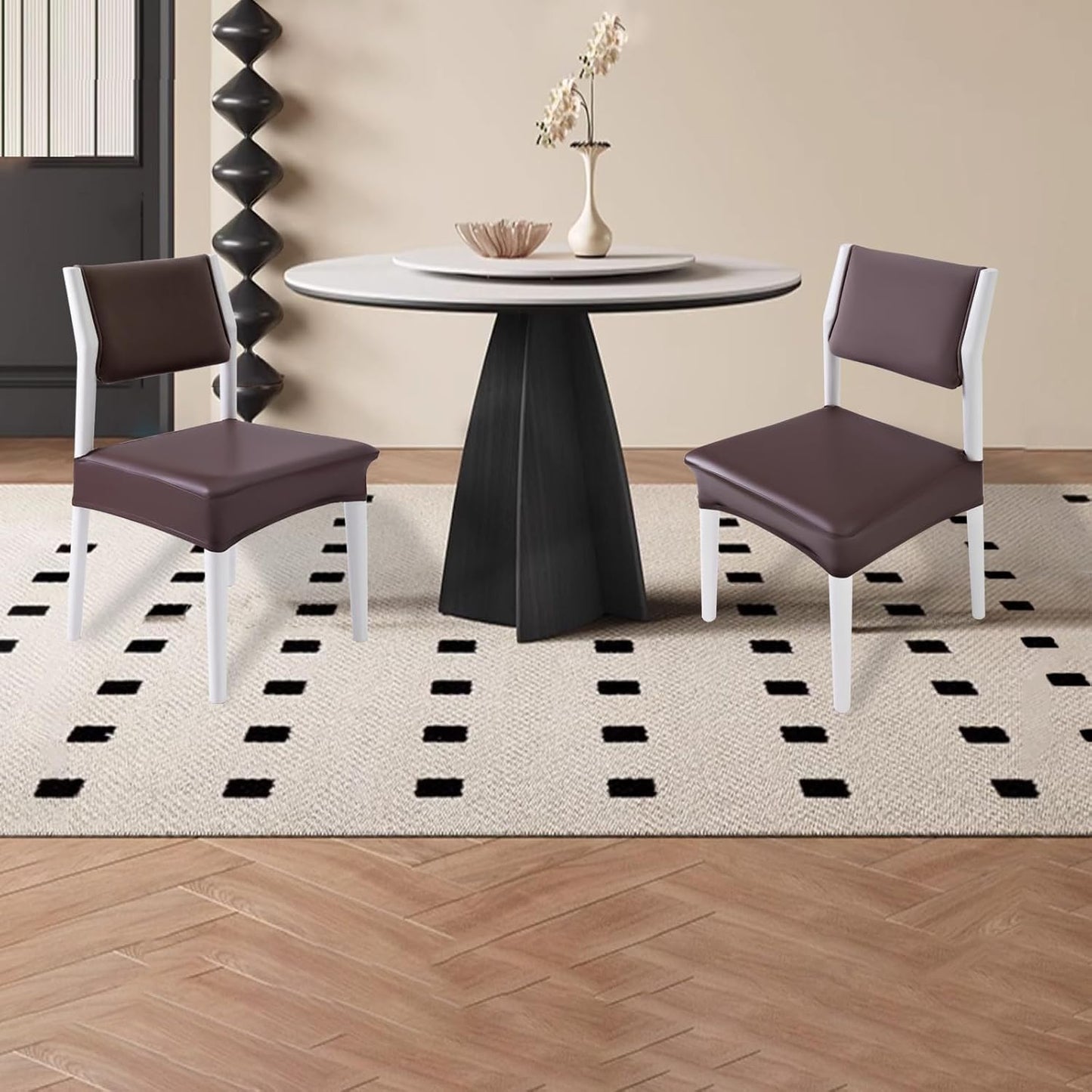 CWK Waterproof PU Leather Dining Chair Covers Set of 4-Stretchable Chair Seat Slipcovers, Removable & Washable Protector for Dining Room,Home,Office,Wedding,Rear Covers (PU-Coffee)