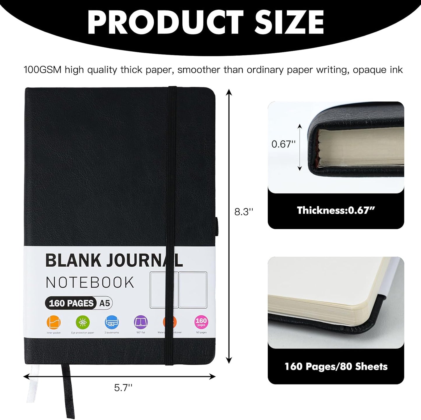 EOOUT Blank Journal Notebook for Women Men, 5.7'' X 8.3'' 160 Pages 100gsm Paper Black Leather Hardcover Notebooks, A5 College Blank Paper with Pen Loop Notebook for Student, Office, School
