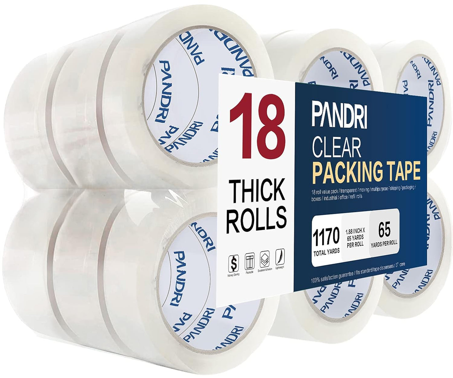PANDRI Packing Tape, 18 Rolls Heavy Duty Clear Packaging Tape for Shipping Packaging Moving Sealing, 1.88 inches Wide, 65 Yards Per Roll, Total 1170 Yards