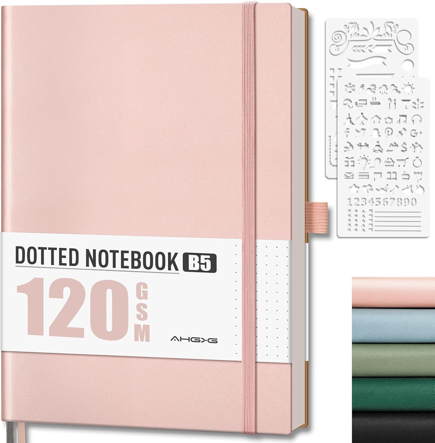 AHGXG Bullet Dotted Journal - Dot Grid Notebook Journal, 120 GSM Thick Acid-Free Paper, Large B5 Dotted Notebook 96 Pages, Leather Softcover, Inner Pocket, Journal Stencil, 7.6'' X 10'' - Rose Gold