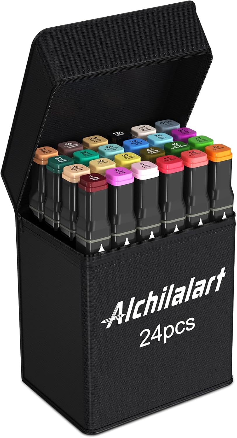 alchilalart 24 Colors Alcohol Based markers, Alcohol Markers Set, Dual Tip Alcohol Sketching Drawing Markers Animation for Adults Kids