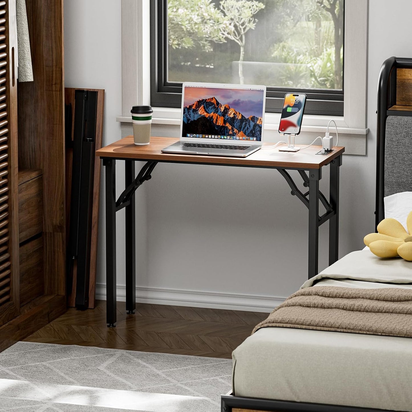 TEMI Small Computer Desk Folding Table - No Assembly, Compact 35.8" Foldable Desk with Power Outlets & USB Charging Port, Portable Small Office Desk, Ideal Mini Study Table for Narrow Spaces, Walunt