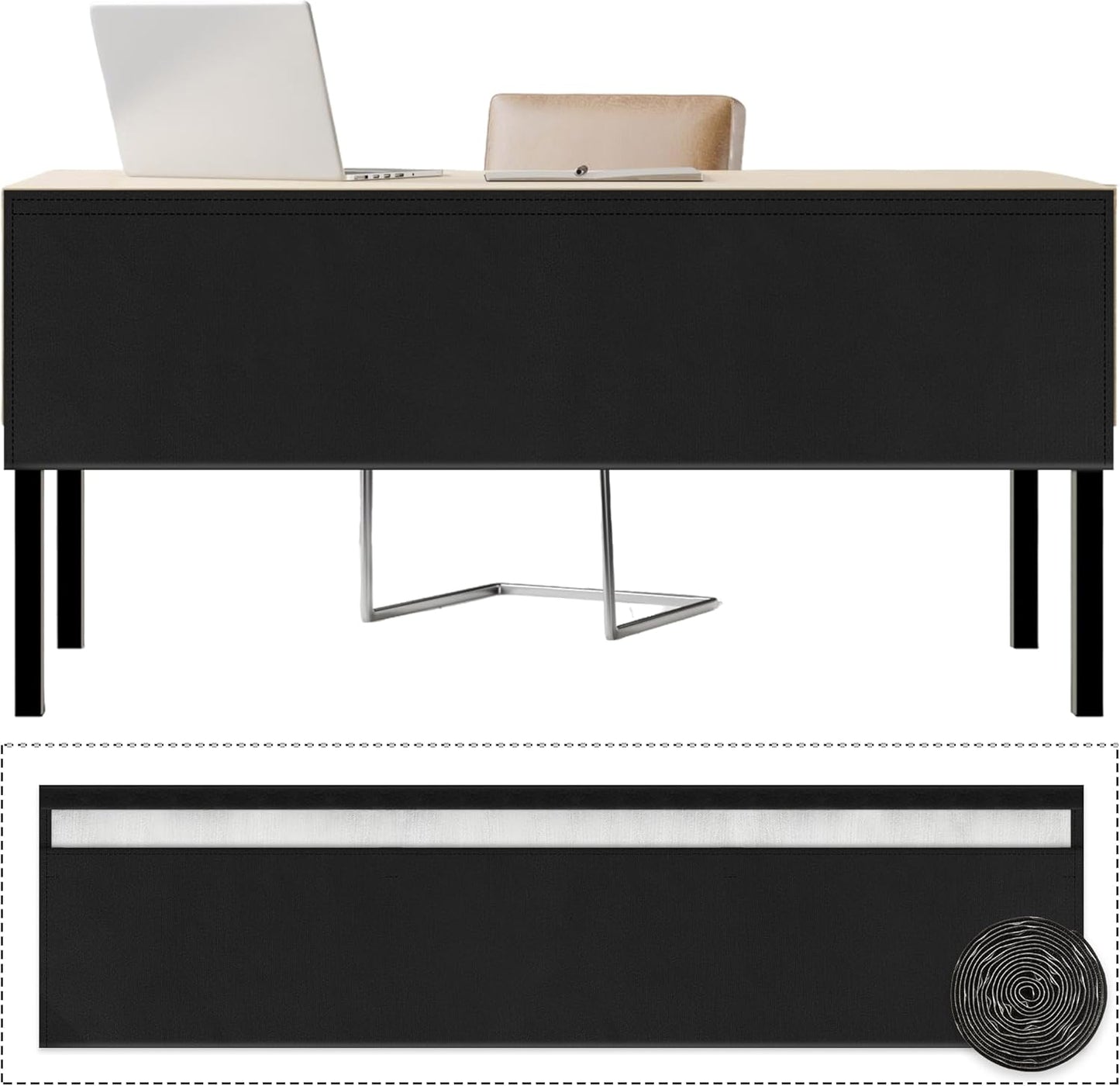 59" Under Desk Privacy Panel with Cable Management Organizer Sleeve Self-Adhesive Modesty Panel for Cord Organizer Pockets and Desk Skirt for Home Office or Standing Workstation