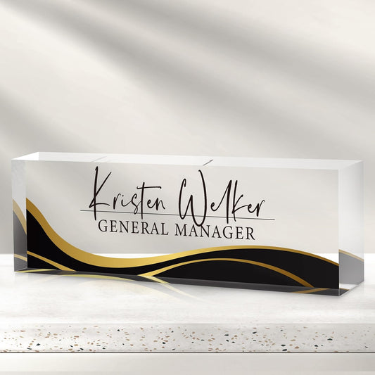 Personalized Name Plate for Desk - Custom Engraved Name Plates for Man - Boss Day Gifts for Boss - Acrylic Office Decor Appreciation Gifts for Teacher Nurse Coworker Social Worker (Wavy Black)