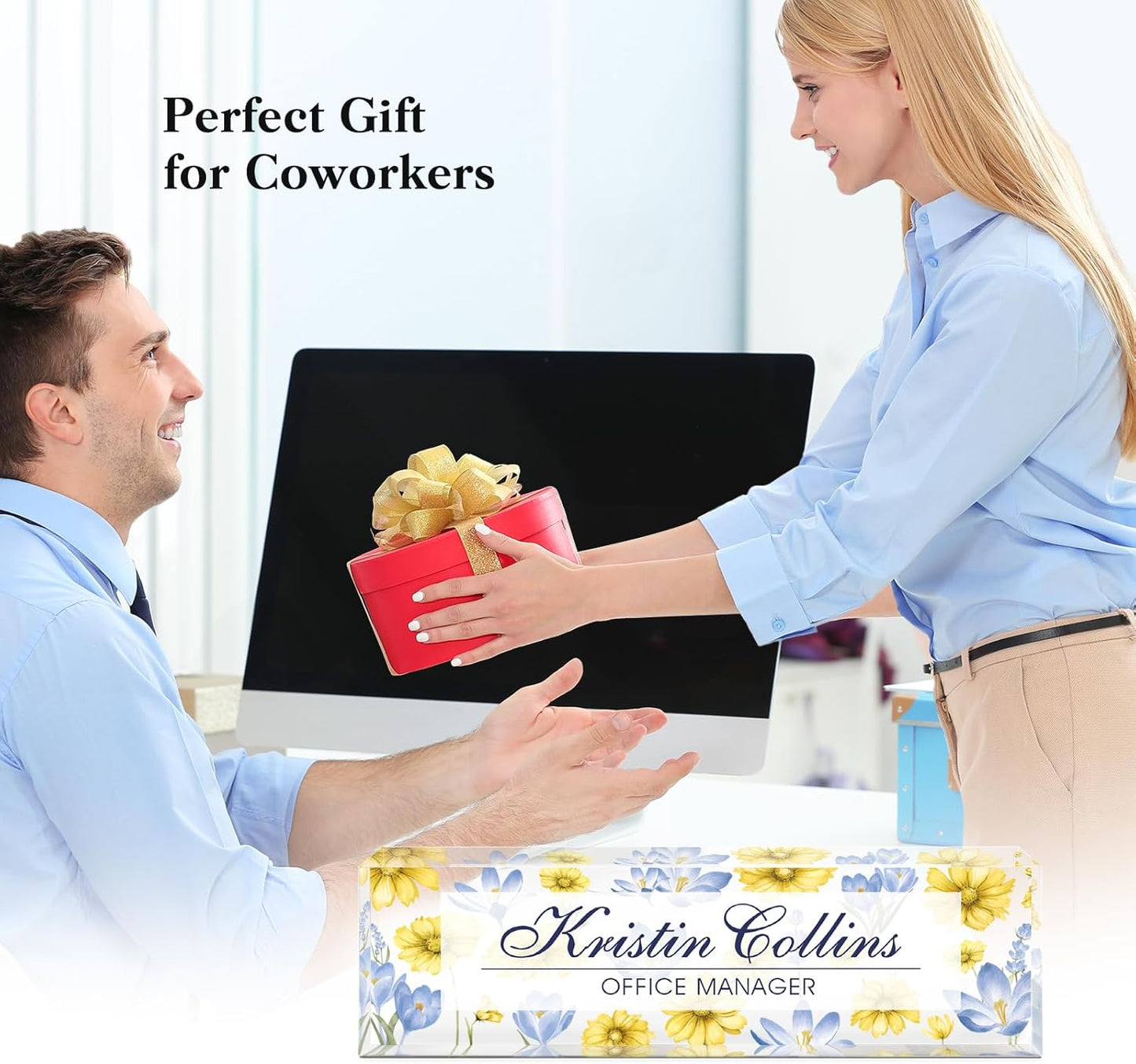 Custom Name Plate for Desk, Acrylic Office Decor For Women Men, Personalized Office Desk Accessories, Teacher Employee Appreciation Gifts For Social Worker Boss Coworkers (Flowers-6)