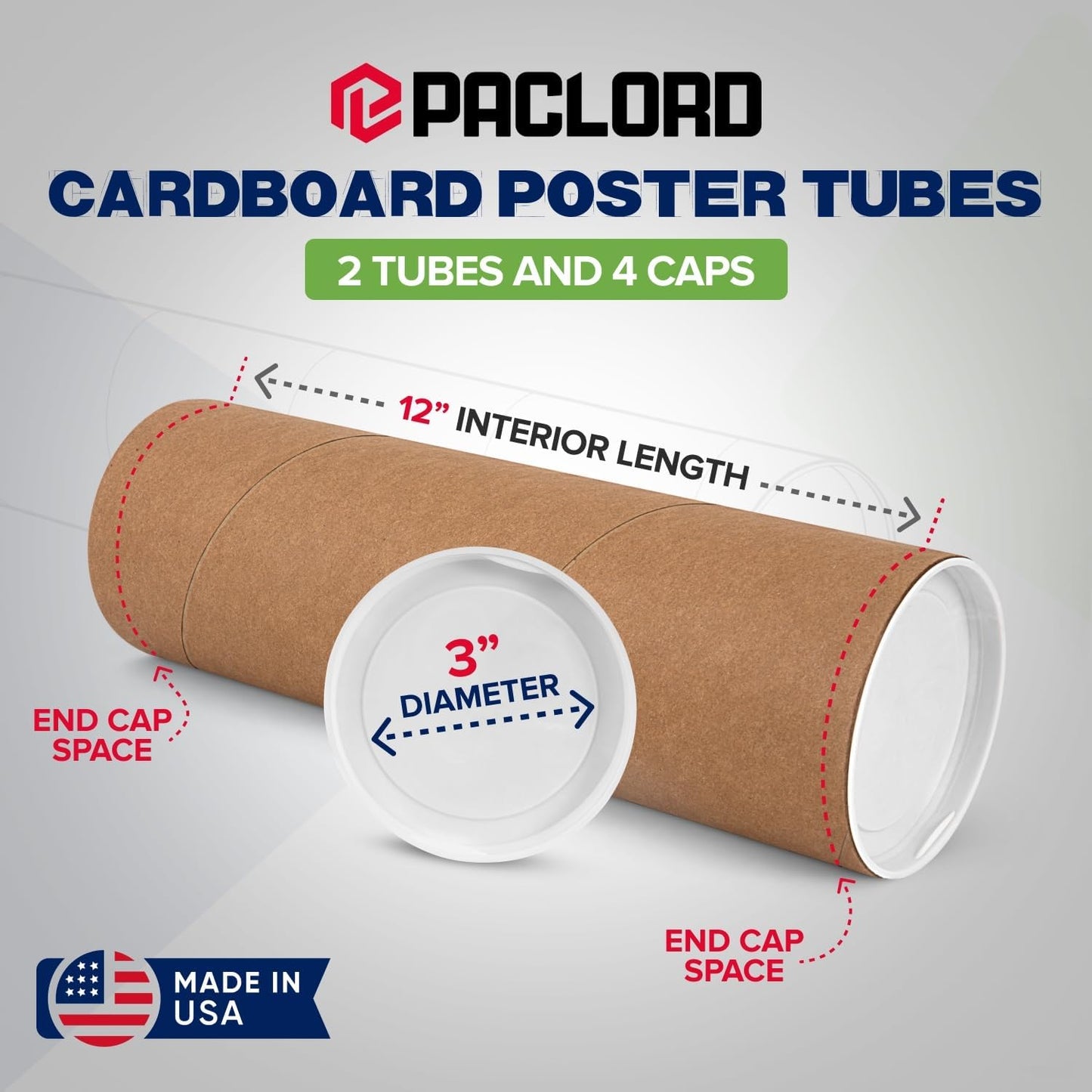 3" x 12" Reinforced Kraft Paper Mailing Tubes, Pack of 2 Tubes with 2 Caps Each – USPS Approved Poster Tube – Made in USA Cardboard Tube for Shipping and Storing Posters, Prints, Artwork, or Documents