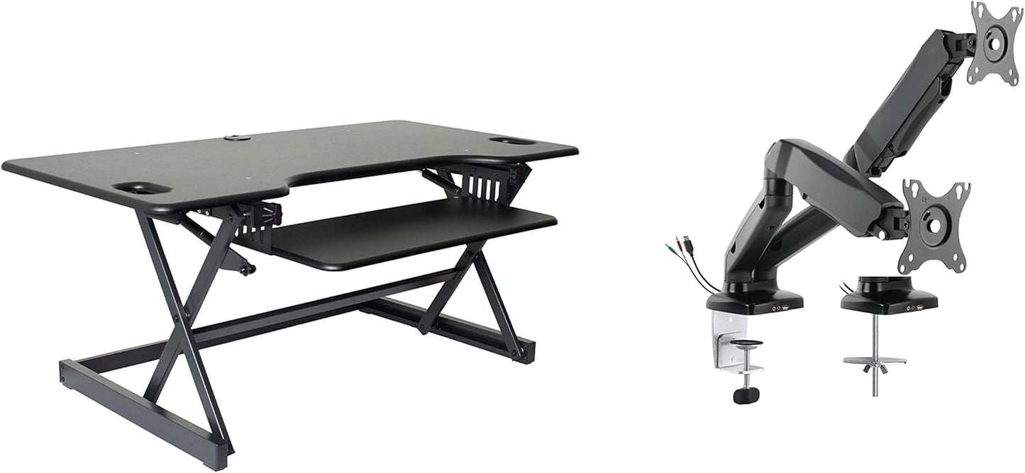 Rocelco 46" Large Height Adjustable Standing Desk Converter with Dual Monitor Mount Arm BUNDLE - Quick Sit Stand Up Computer Workstation Riser - Retractable Keyboard Tray - Black (R DADRB-46-MA2)