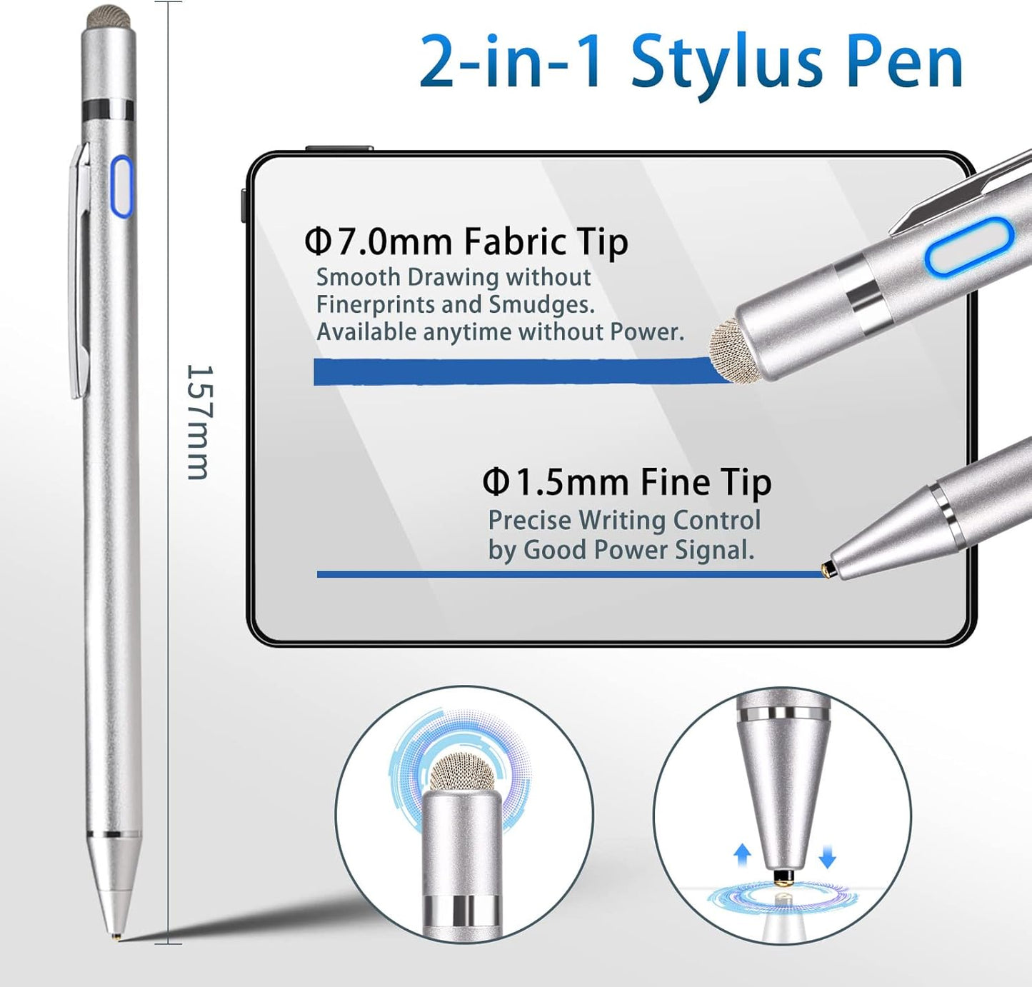 Active Stylus Digital Pen with Ultra Fine Tip Stylus for iPad iPhone Samsung Tablets, Compatible with Apple Pen,Stylus Pen for iPad Pro, Grey