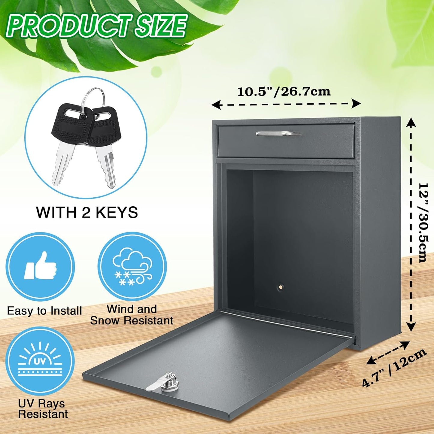 Locking Mailbox with Key for Outdoor 12 x 10.5 x 4.7 Inches Large Wall Mount Mail Box with Lock Security Mail Drop Metal Collection Boxes Hanging Secure Postbox(Dark Gray)