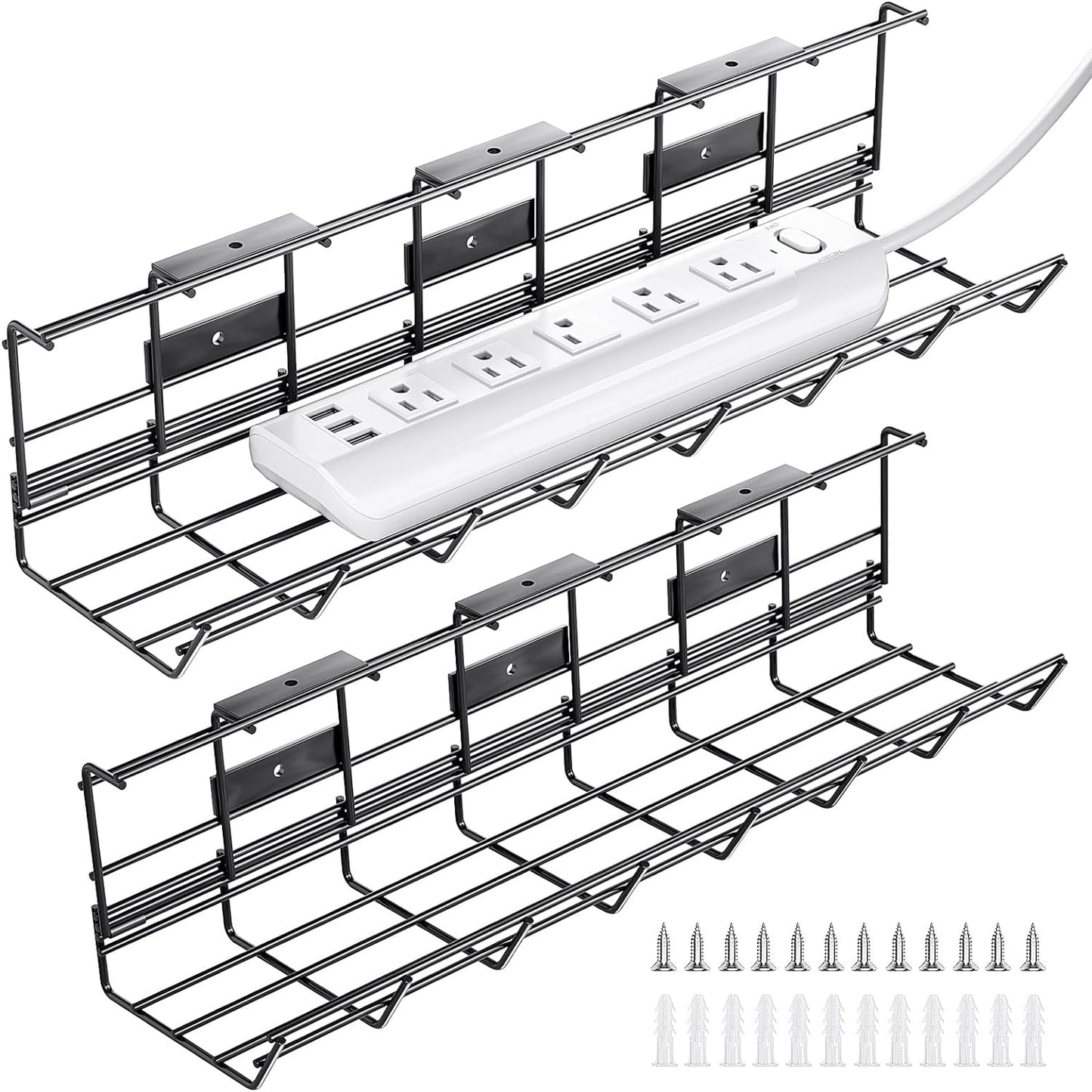 2 Pack DELAMU Under Desk Cable Management Tray, Metal Cord Cable Organizer for Desk, Easy Install Pre-drilled Wire Management Wire Organizer for Office & Home