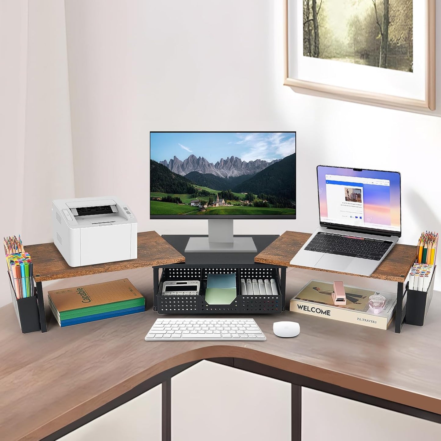 Desk Dual Monitor Stand Riser - Desk Organizer with Drawer and Pen Holders, Office Desk Accessories & Workspace Organization, Computer Monitor Stand for Laptop, Printer, TV, Office Decor, Wood