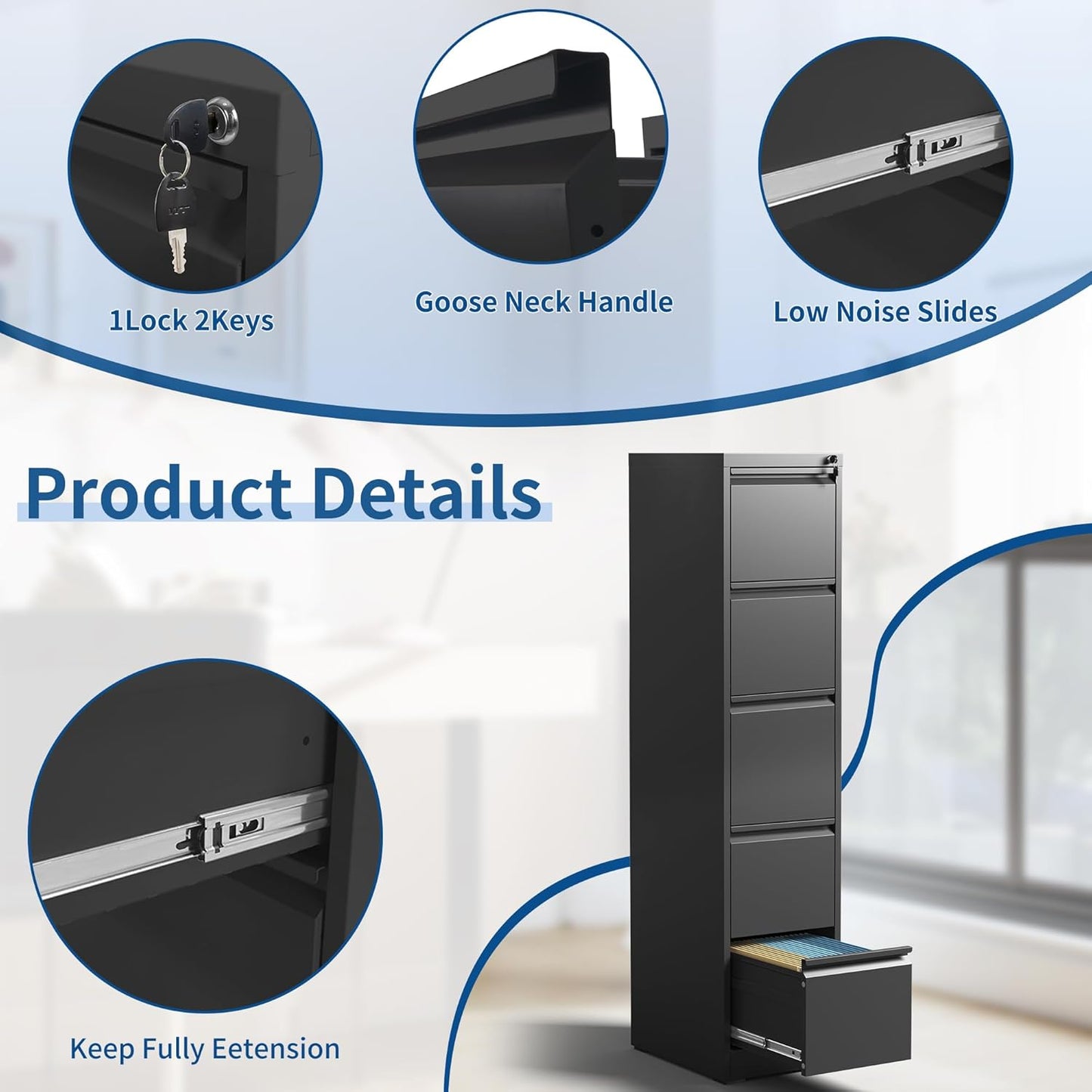 5-Drawer Locking Vertical File Cabinet, Metal Storage Cabinet for Office/Home – Secure Vertical Filing for Letter/Legal/A4/F4 Documents, Easy to Assemble Steel Cabinet (Black, 5 Drawer-64 H)