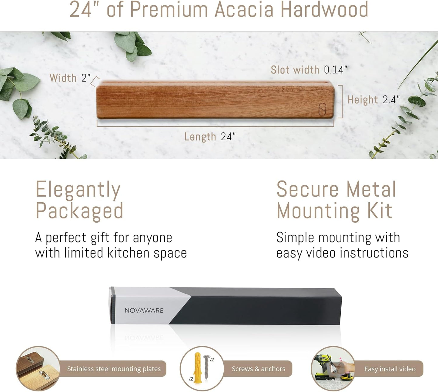 Premium 24 inch Magnetic Knife Holder for Wall with 2x Storage & Charming Wood - Knife Magnetic Strip, Under Cabinet Magnet Knives Storage - Magnet Strip Rack Kitchen Utensil Holder Organizer Tool