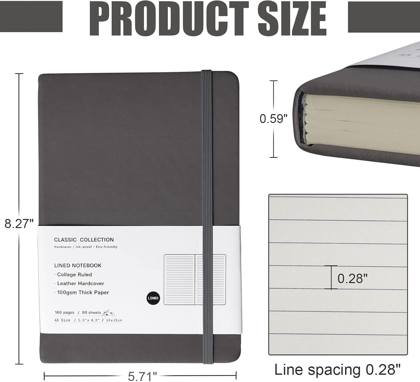 Lined Journal Notebook, 10Pack(Dark Gray), 160 Pages, Medium 5.7 inches x 8 inches - 100 gsm Thick Paper, Hardcover