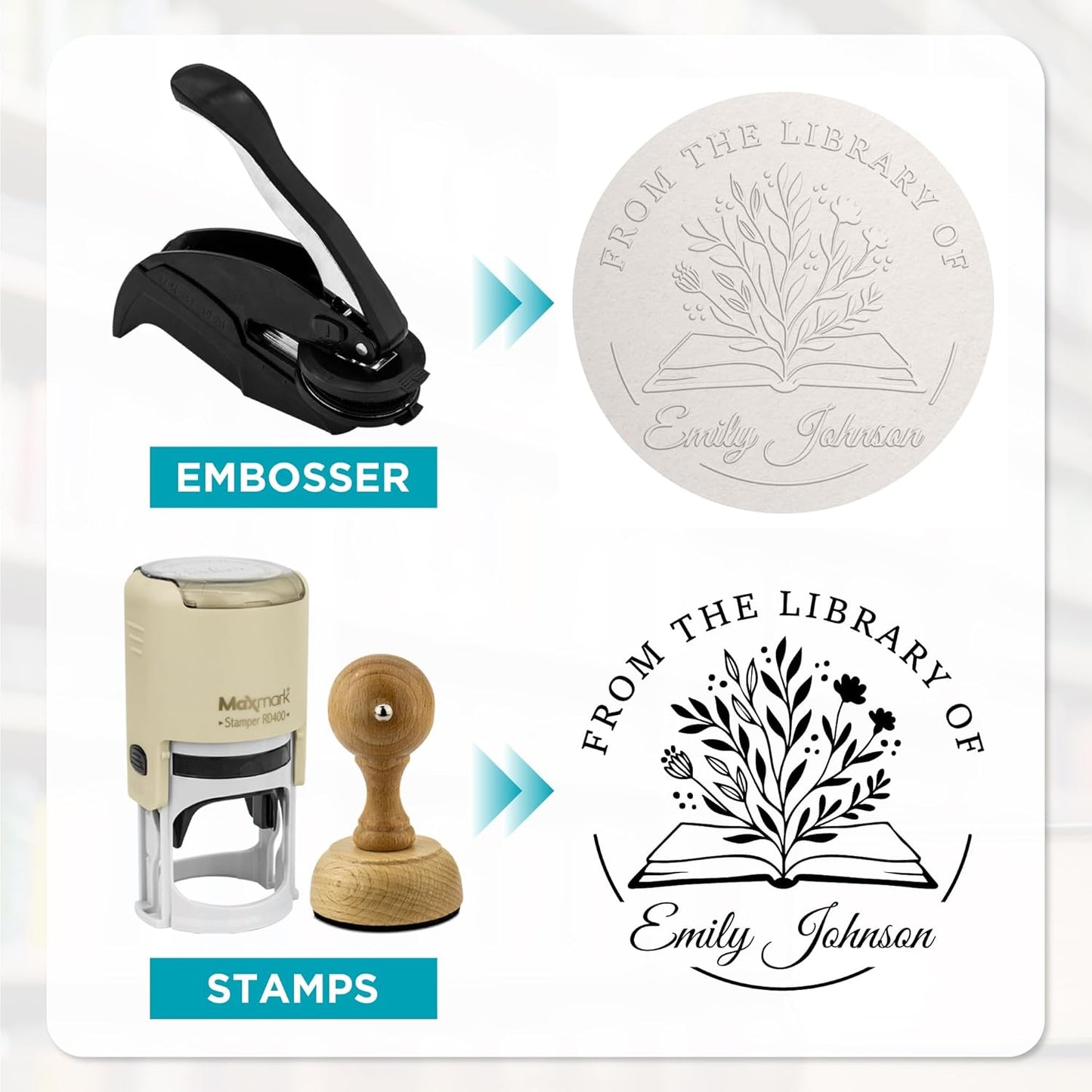 Custom Library Embosser - Style 104 - Embosser, Wood Stamp or Self Inking Stamp - Book Embosser Includes 50 Gold Seals - Custom Stamp Seal from The Library of