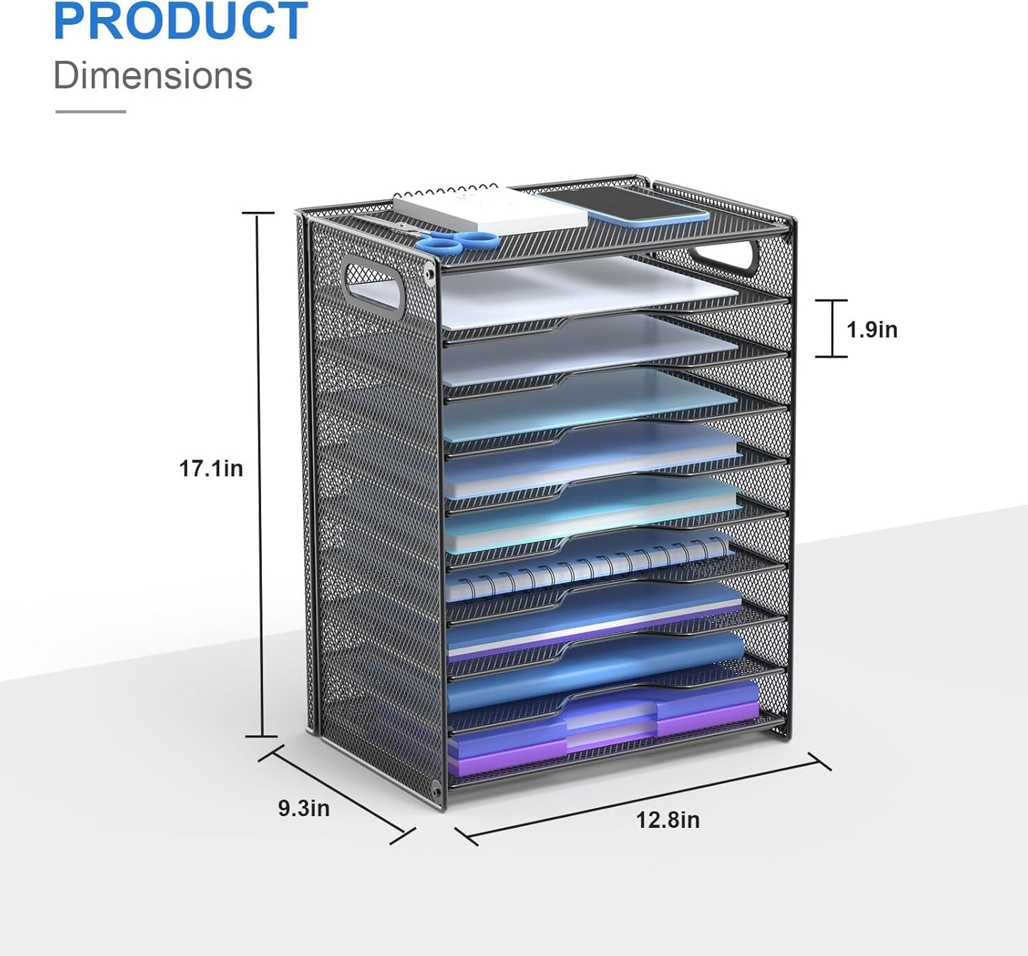 OUTWOLF 10 Tier Paper Organizer - Letter Tray Mesh Desk File Organizer with Handles for Office School Desktop, Black