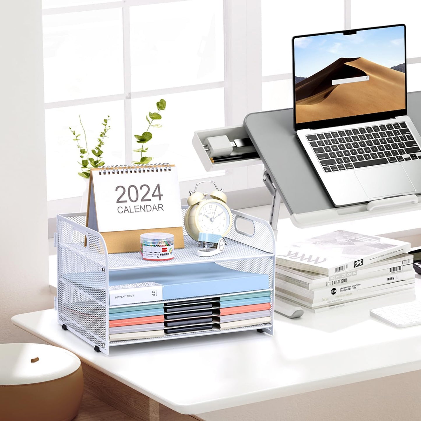 3-Tier Letter Tray Paper Organizer with Handle,Compact Mesh Desk File Organizer for Home Office Supplies Desktop Accessories,White