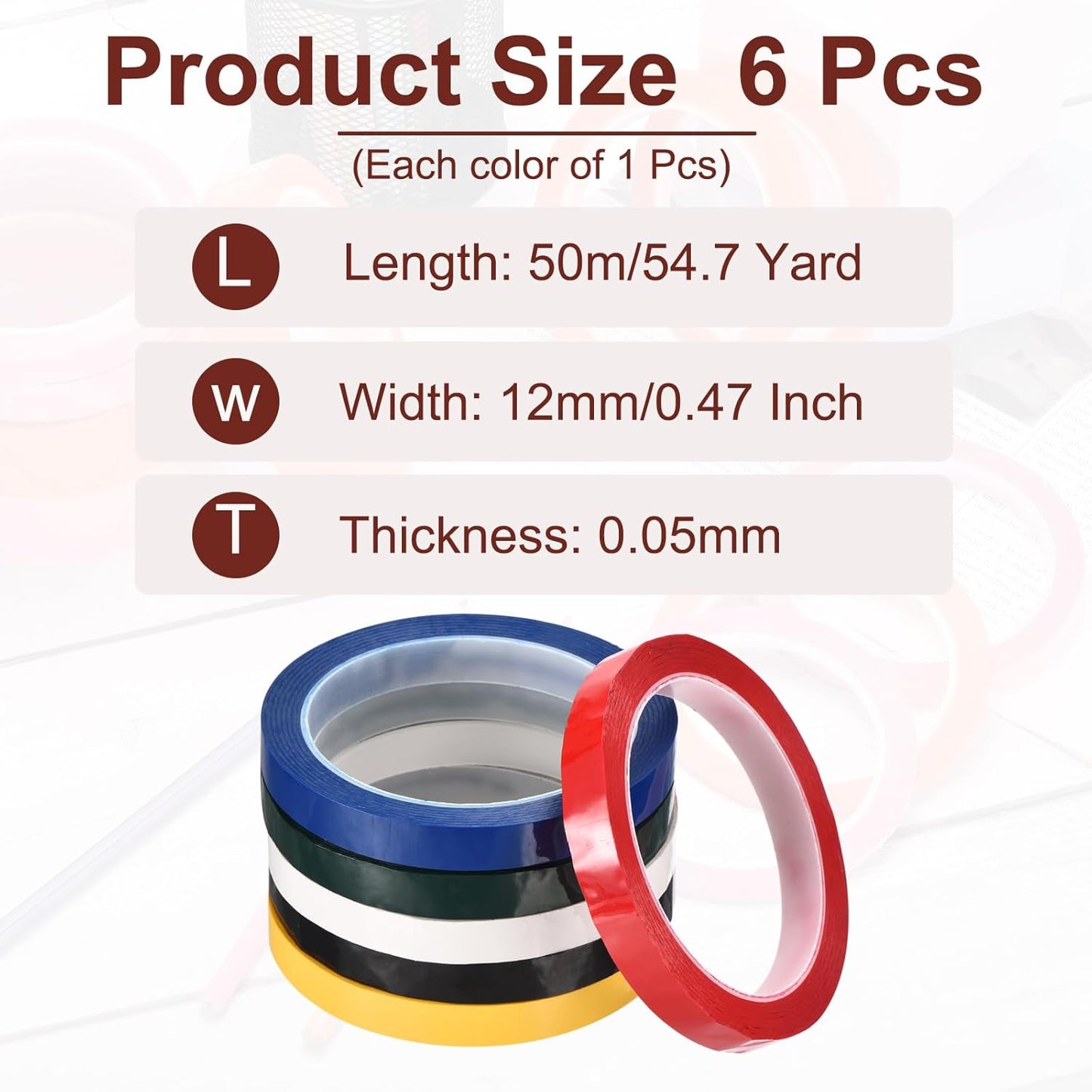 MECCANIXITY 6 Rolls Whiteboard Tape Graphic Chart Tape 12mm 54.7 Yard Art Tape Thin Pinstripe Tape Masking Tape for Gift Wrapping Craft Supplies, Red, Green, Blue, Yellow, Black. White