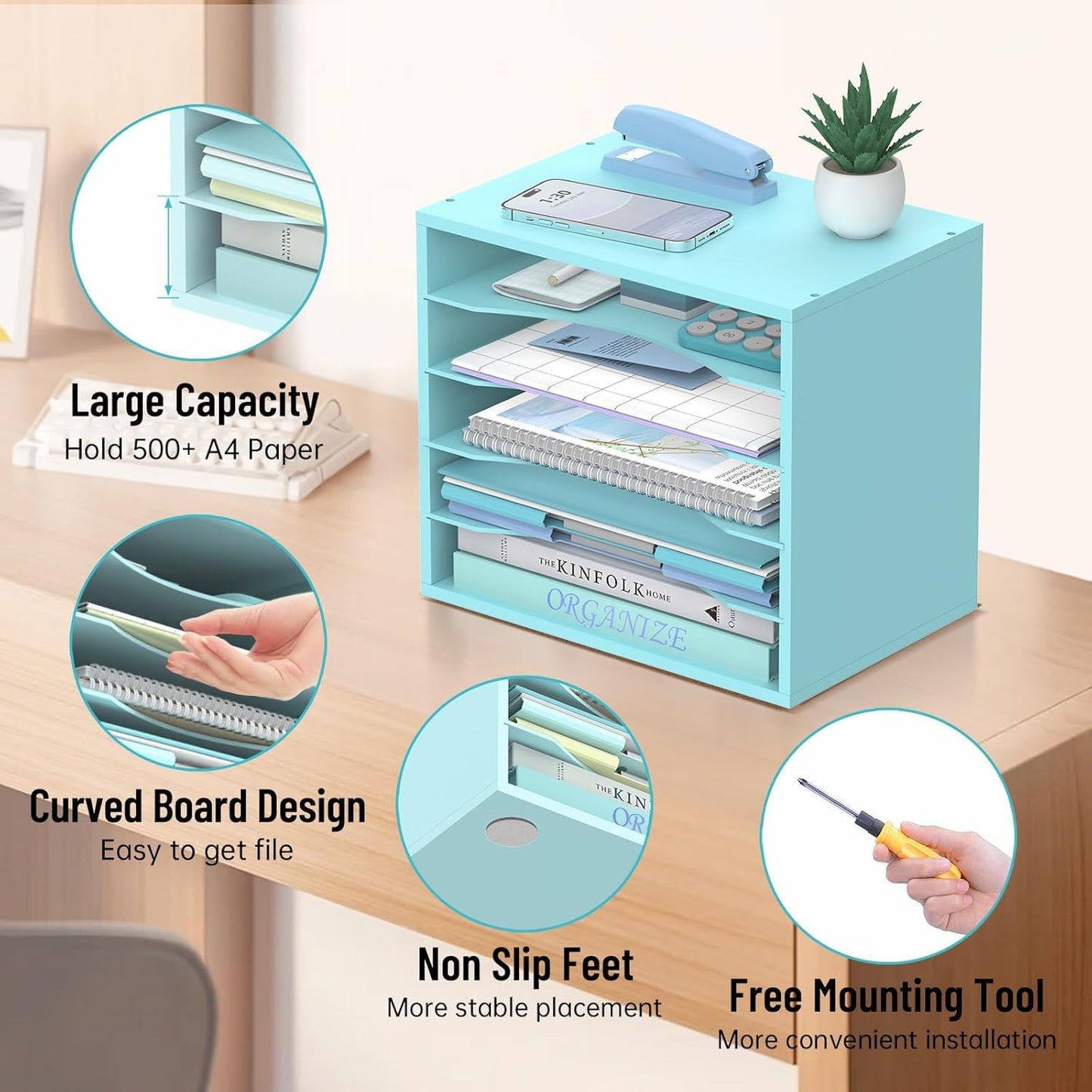 5-Tier Wood Desk Organizer, Paper Tray Organizer for Desk with Adjustable Storage Shelves, Desktop Paper Sorter Mail Holder for Office Home Classroom, Blue