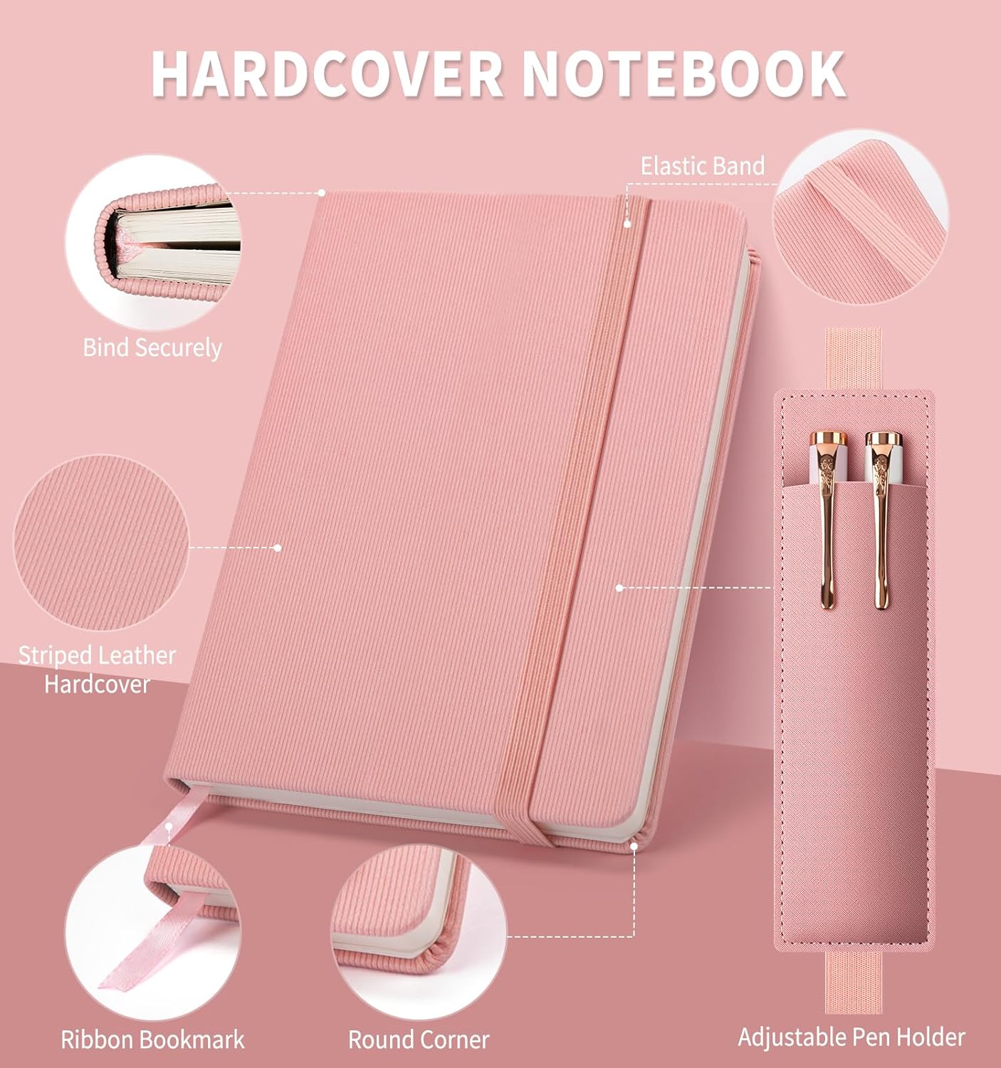 Lined Journal Notebook for Work, A5 Leather Notebook with Pen Holder, 100GSM/160 Pages Thick Paper, Daily Journals for Writing, School, Note Taking, Business, Travel, College Ruled