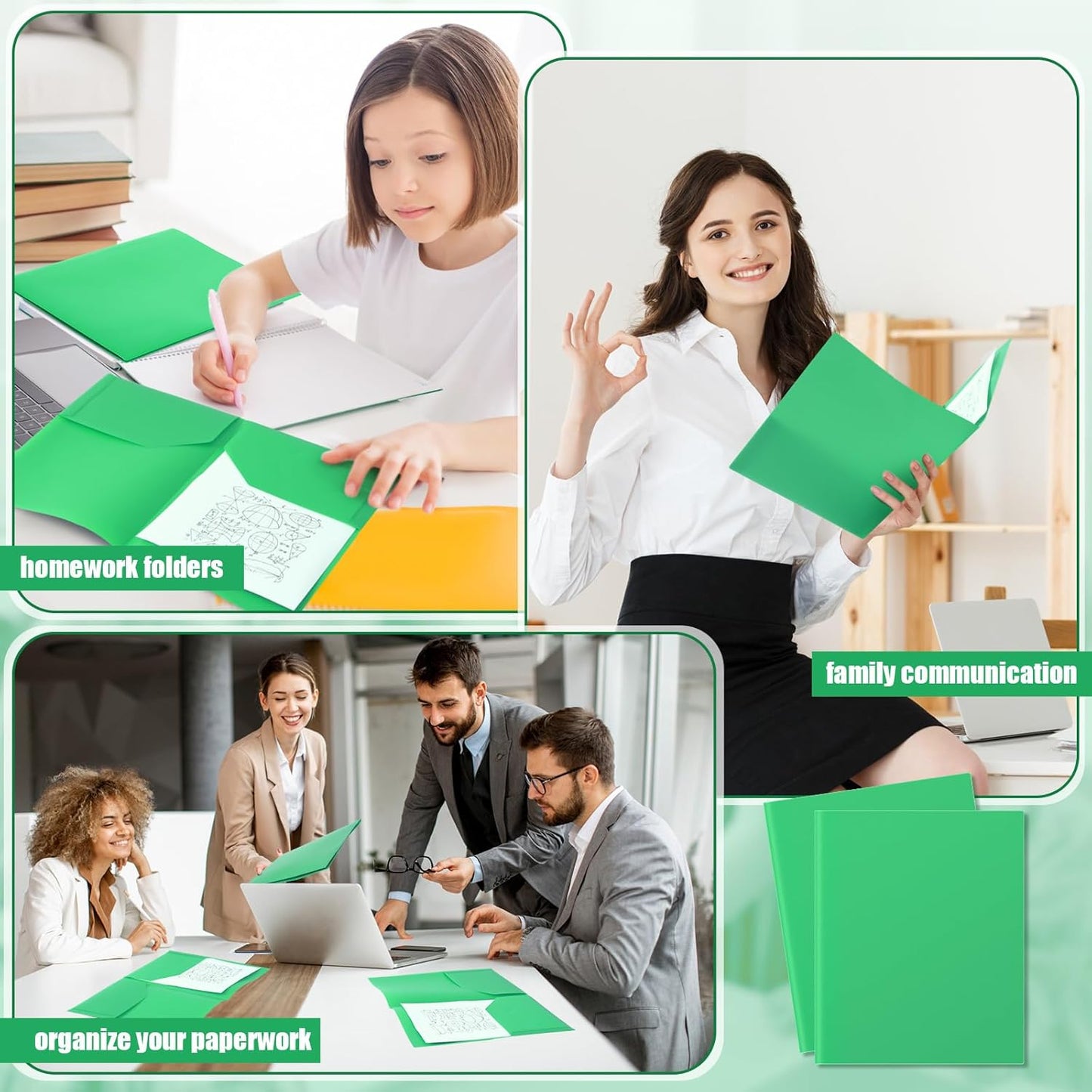 Gueevin 50 Pcs Plastic Folders with Pockets, Back to School Two Pocket Folder Fit Letter Size, Heavy Duty School Business Card Holder for Home Office, 11. 61 x 9. 45 Inches (Green)